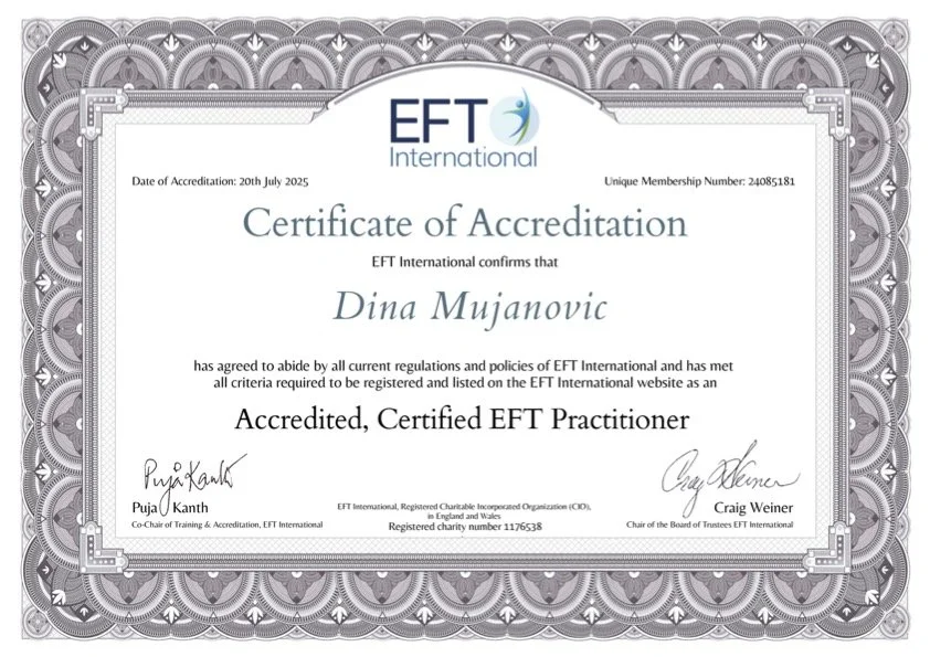 Official EFT International Certificate of Accreditation establishing Dina Mujanovic as an Accredited, Certified EFT Practitioner