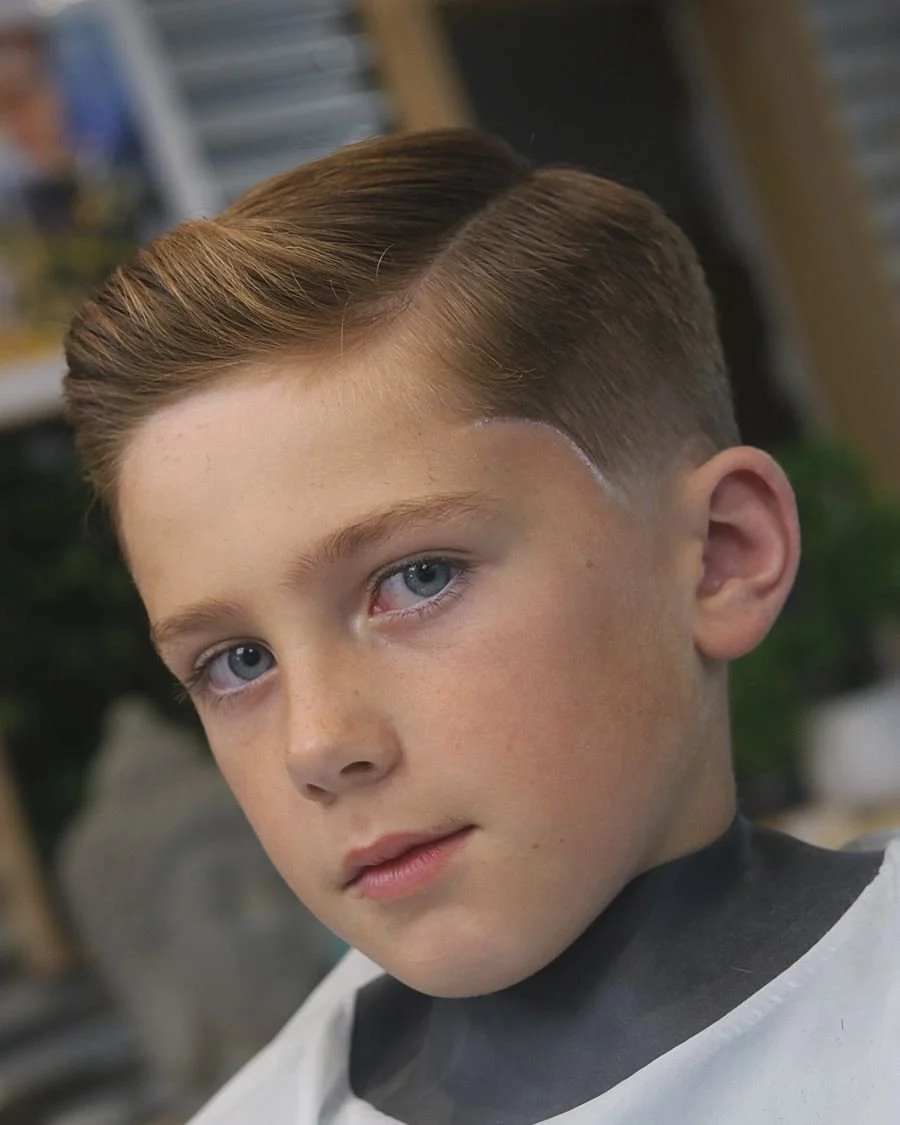 Close-up of a young boy with styled brown hair, blue eyes, and a neutral expression in a barbershop.