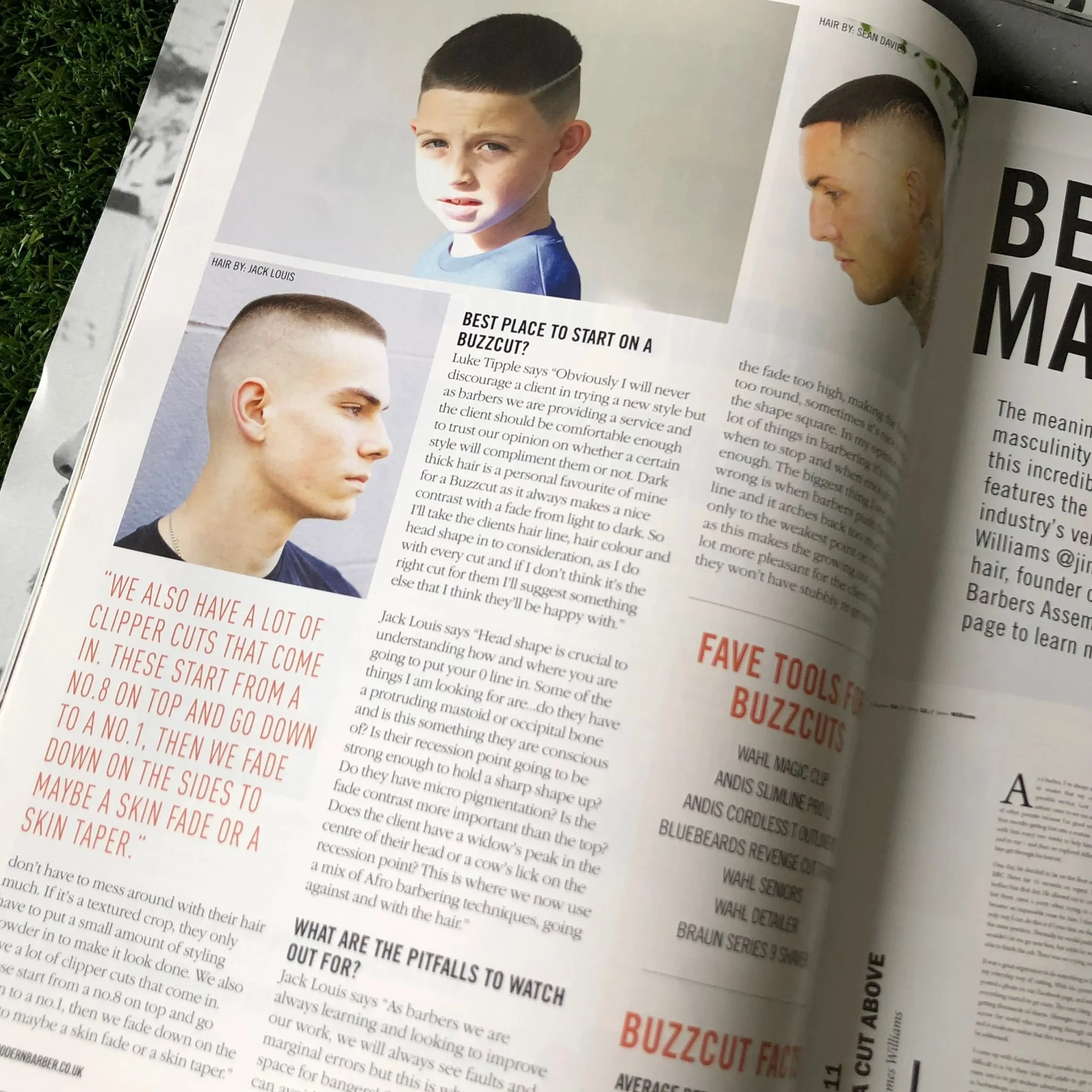 Magazine page featuring two photos of boys with different haircut styles, article discussing men's hairstyles and grooming tips, quote about clipper cut techniques, and a list of popular buzzcut tools.