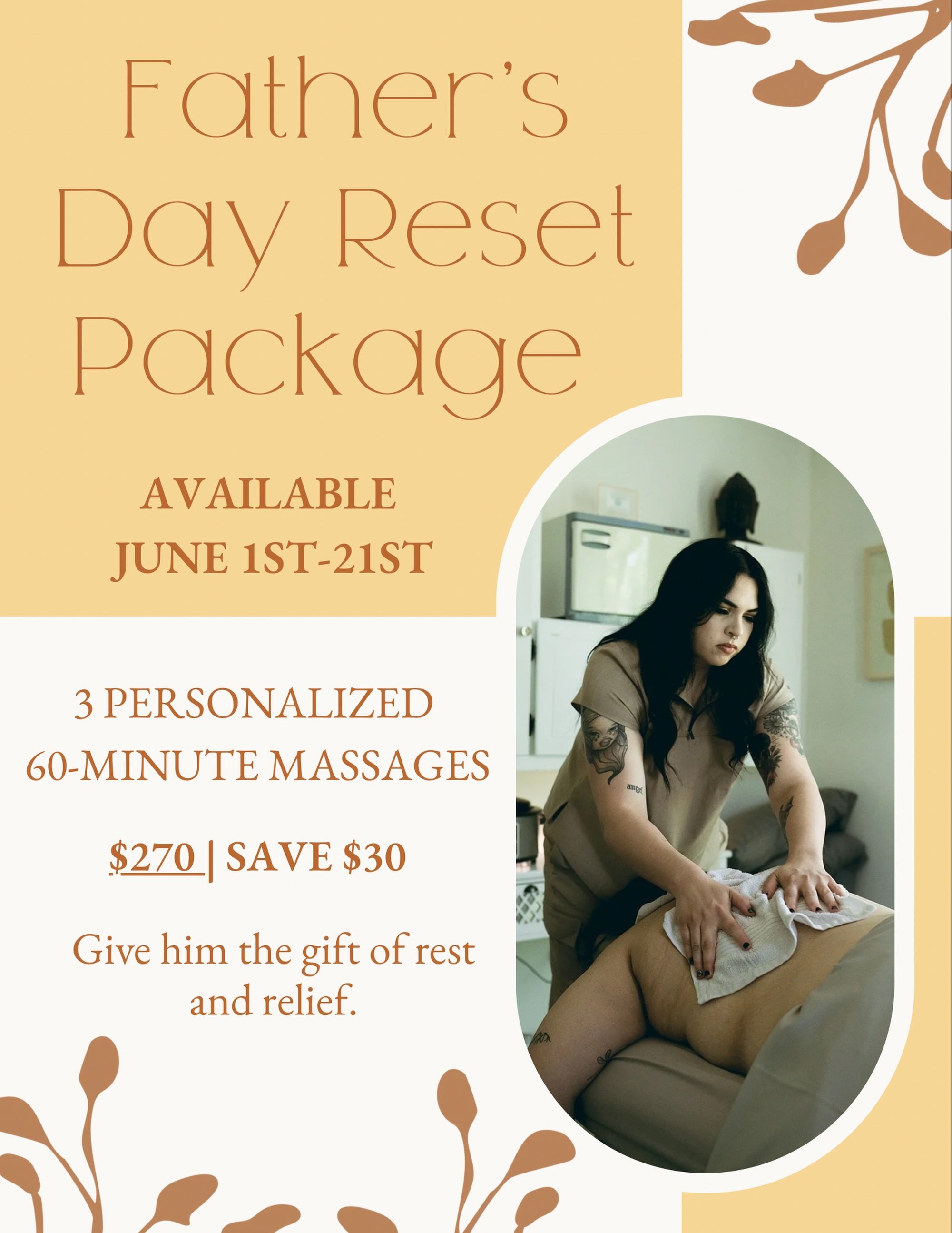 Father&rsquo;s Day gifting made easy.

Give him something he&rsquo;ll actually use! Time to rest, recharge, and feel better in his body.

Our Father&rsquo;s Day Reset Package includes 3 personalized 60-minute massages for $270, saving you $30.

Perfe