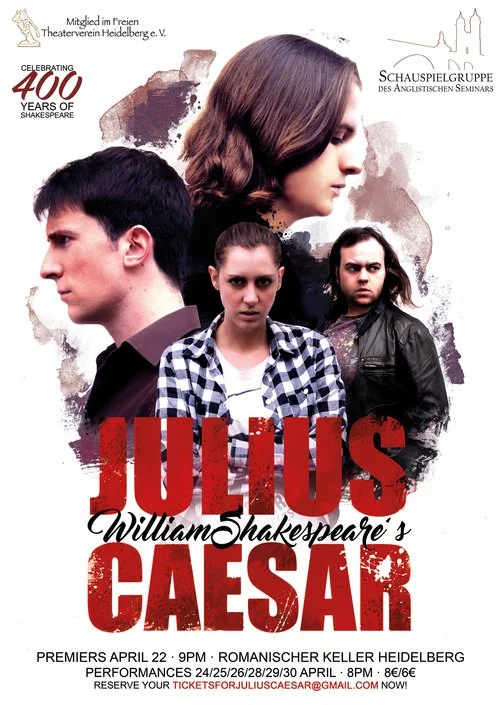 Promotional poster for a theatrical adaptation of Shakespeare's 'Julius Caesar' featuring three actors with serious expressions, the title written in bold red letters, and additional event details.
