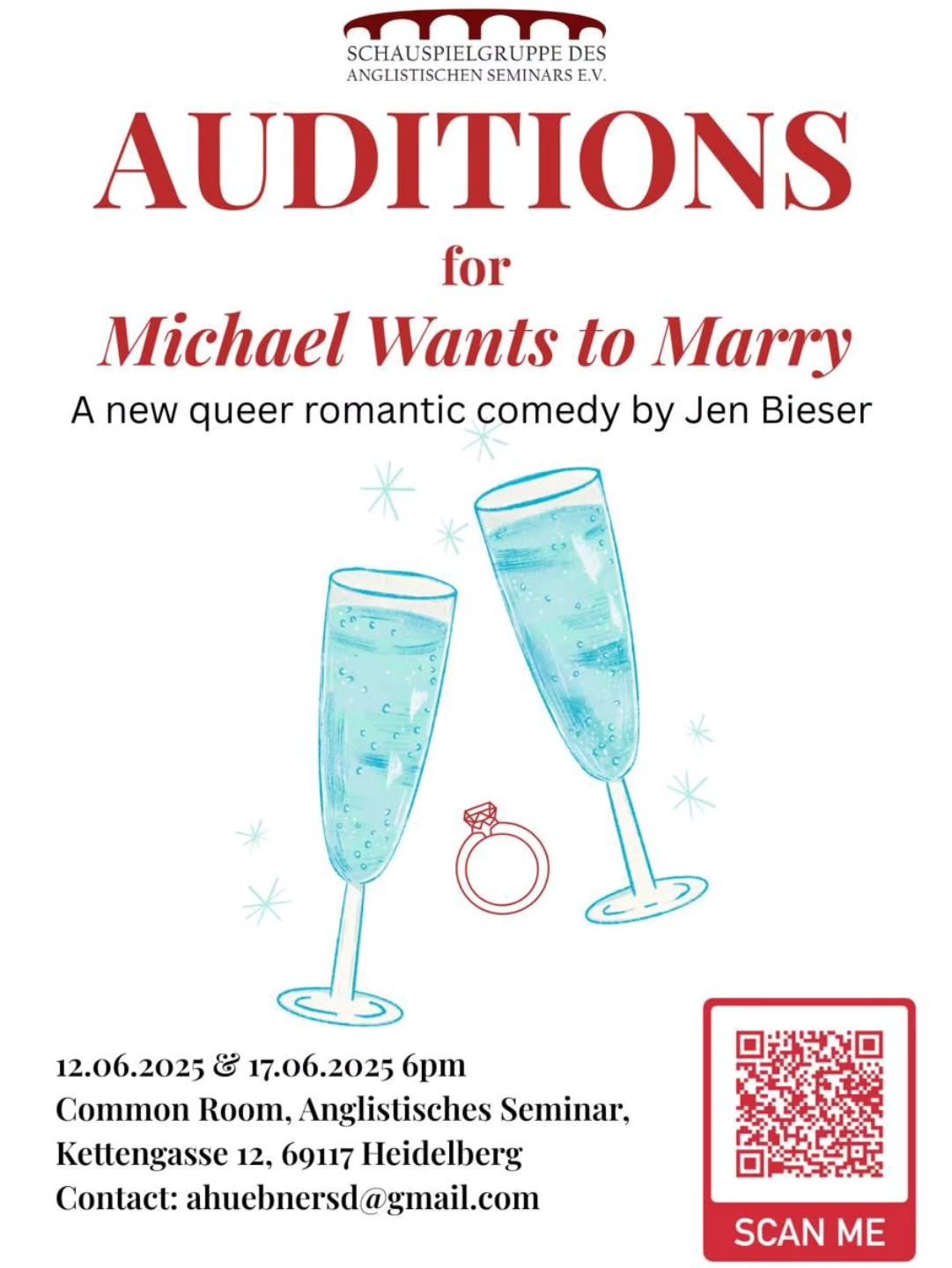 Auditions 12 June and 17 June at 6pm !
We’re very excited to announce auditions for Michael Wants to Marry - a new production based on the award-winning screen play by our very own Jen Bieser.
Auditions will be held on Thursday 12 June and Tue