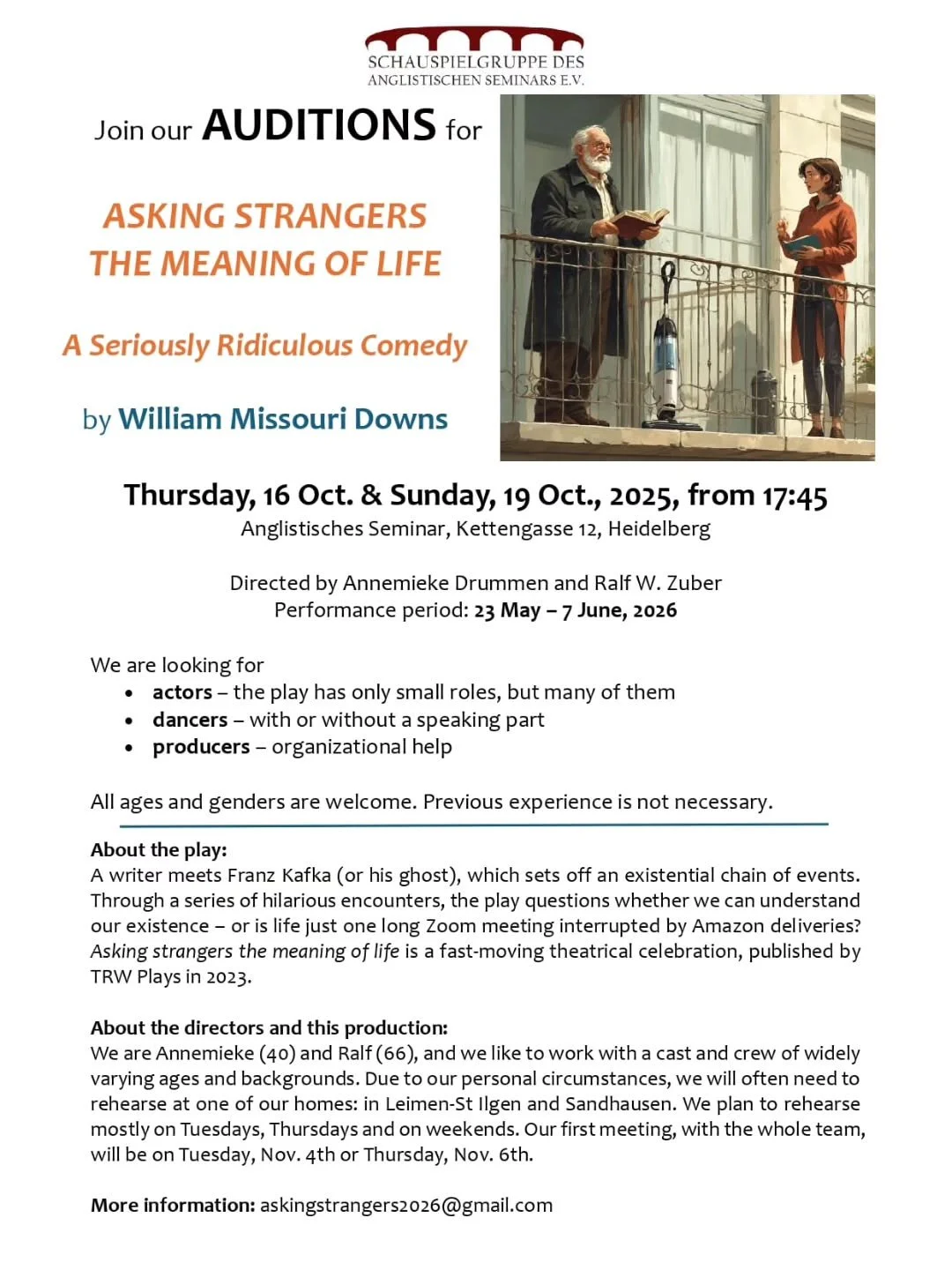 Join us for our upcoming auditions on Thursday 16 Oct and Sunday 19 Oct. Everyone is welcome! For more details, write us a direct message or contact the email above. See you there 😉
#theatre #englishtheatre #heidelberg #schauspielgruppedesanglistis