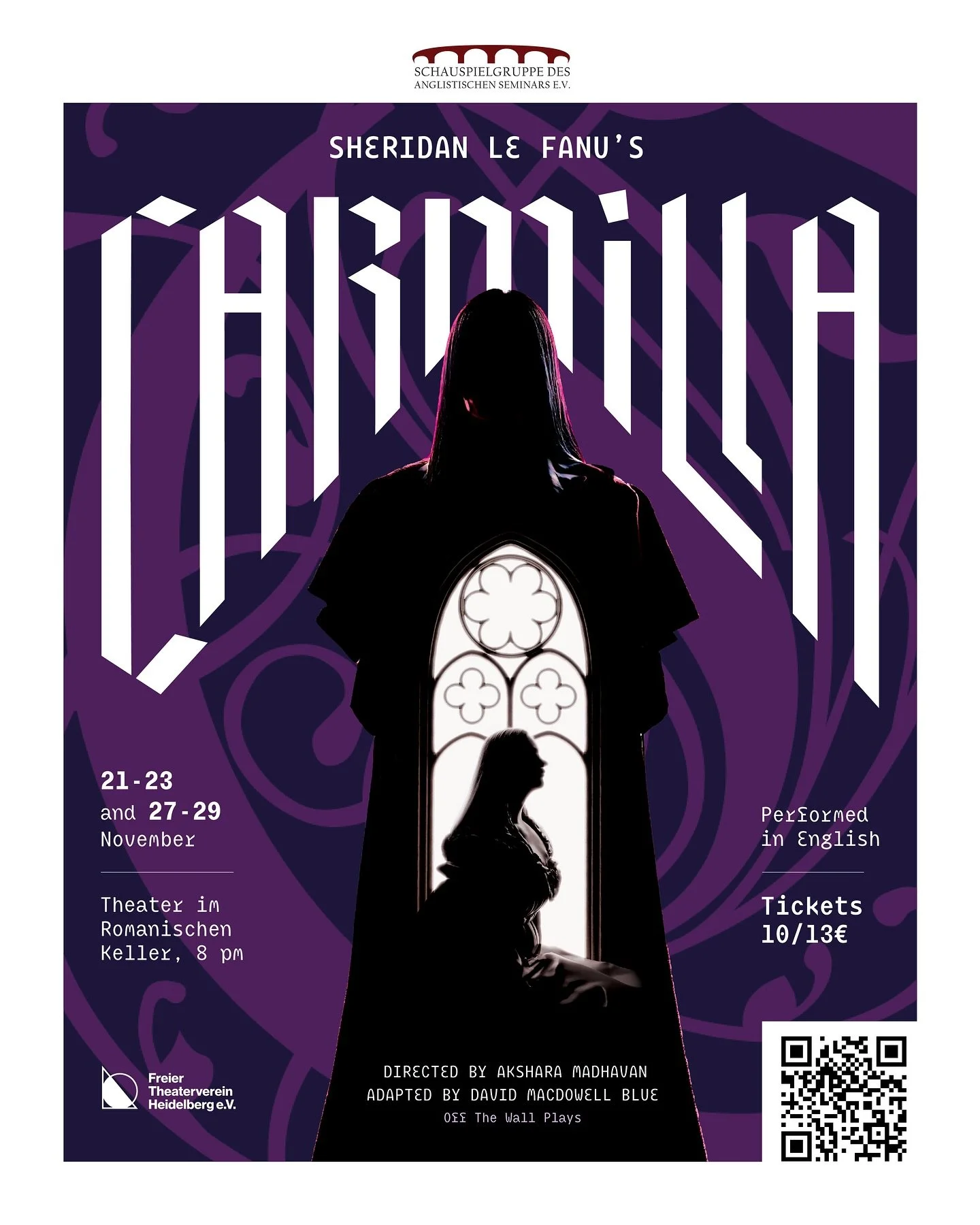 Tickets on sale now! 🎟️ Carmilla by David MacDowell Blue
21-23 & 27-29 November
8 pm at the Theatre im Romanischen Keller
In a secluded Austrian castle, young Laura’s life is forever changed by the arrival of a guest- the beautiful and b