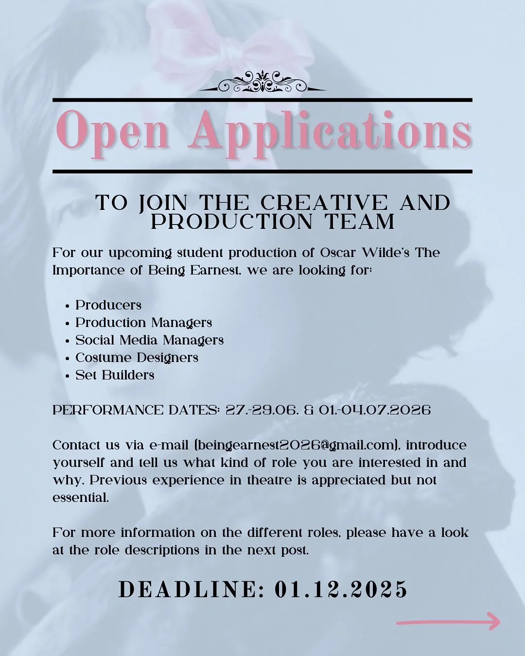 ✨ Join the Production Team for The Importance of Being Earnest! ✨

For our upcoming student production of Oscar Wilde&rsquo;s sparkling comedy, we are looking for:
📌 Producers
📌 Production Managers
📌 Social Media Managers
📌 Costume Designers
📌 S