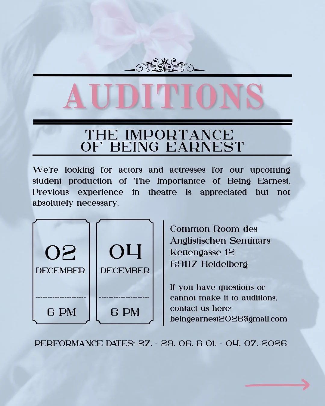 ✨ Join the Cast of The Importance of Being Earnest ✨

We&rsquo;re looking for actors and actresses for our upcoming student production of Oscar Wilde&rsquo;s beloved comedy!

No prior acting experience required. We&rsquo;re always excited to meet new