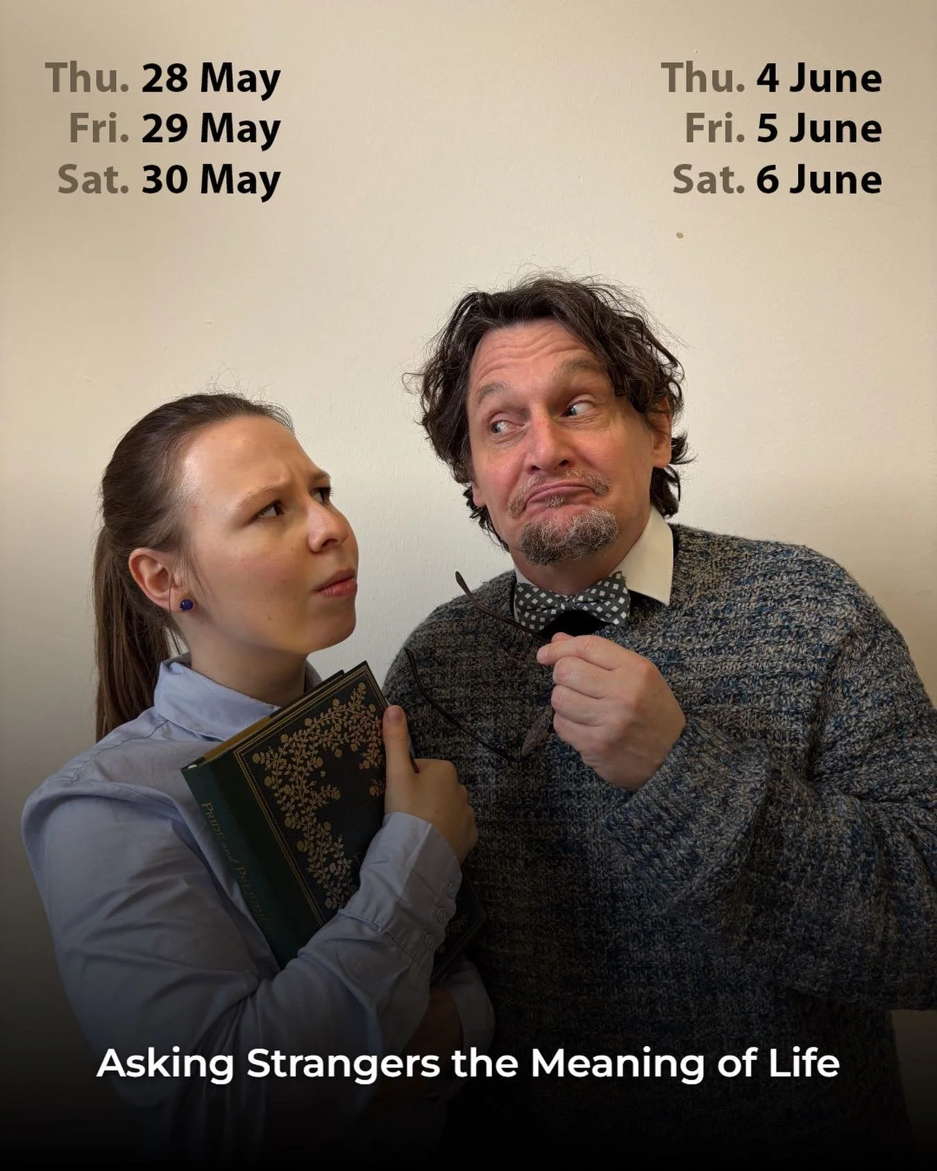 Every day, many people ask their AI chat model about the meaning of life. 
🎭 In our new play &bdquo;Asking Strangers the Meaning of Life&ldquo;, the characters go a step further &mdash; and ask real people.
The result? Absurdity, chaos, and some ver