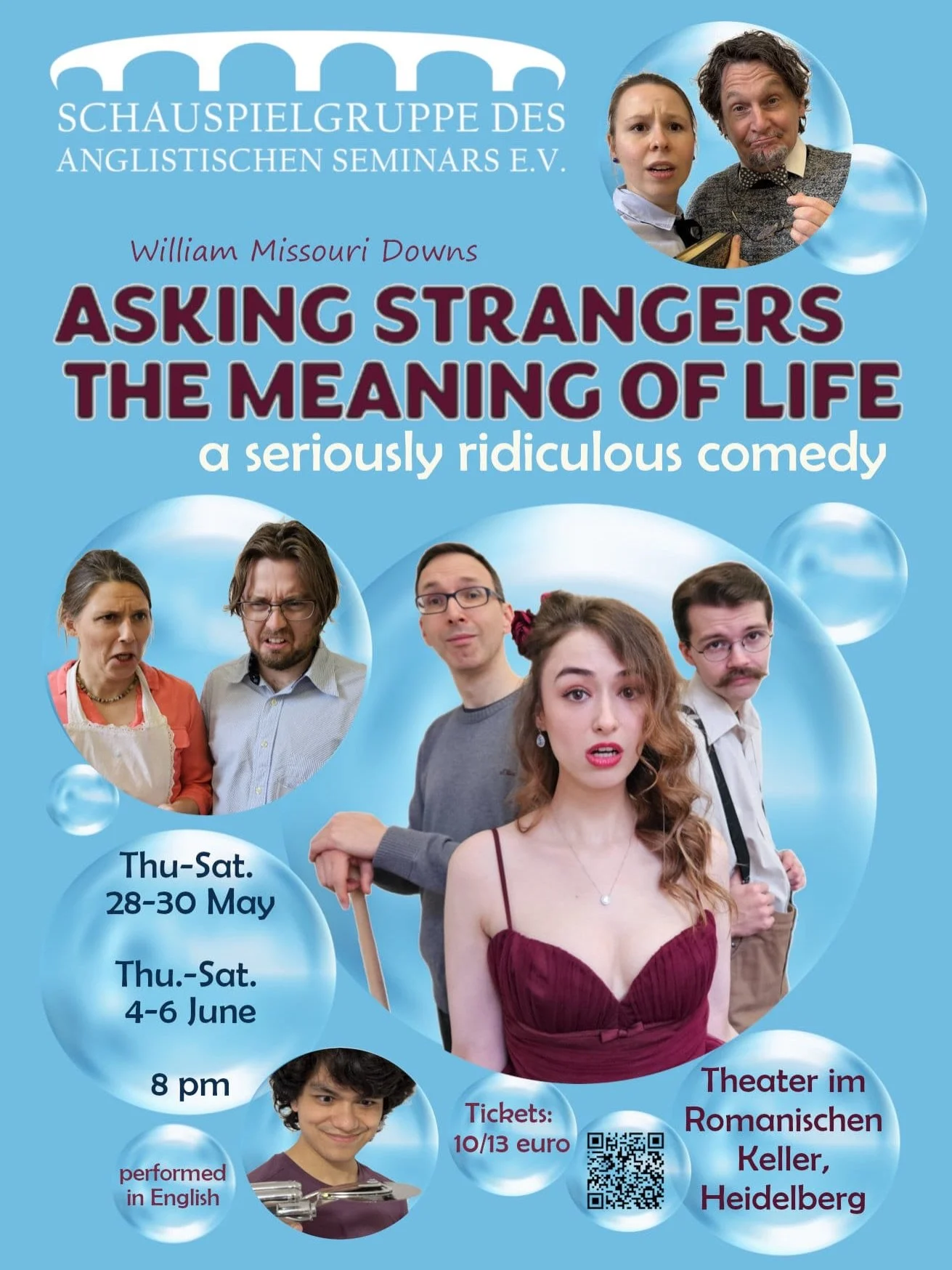 Opening May 28: &bdquo;Asking Strangers the Meaning of Life&ldquo;- a serious ridiculous comedy. See you in the Theater im Romanischen Keller in Heidelberg! Tickets are available via link in the profile bio.