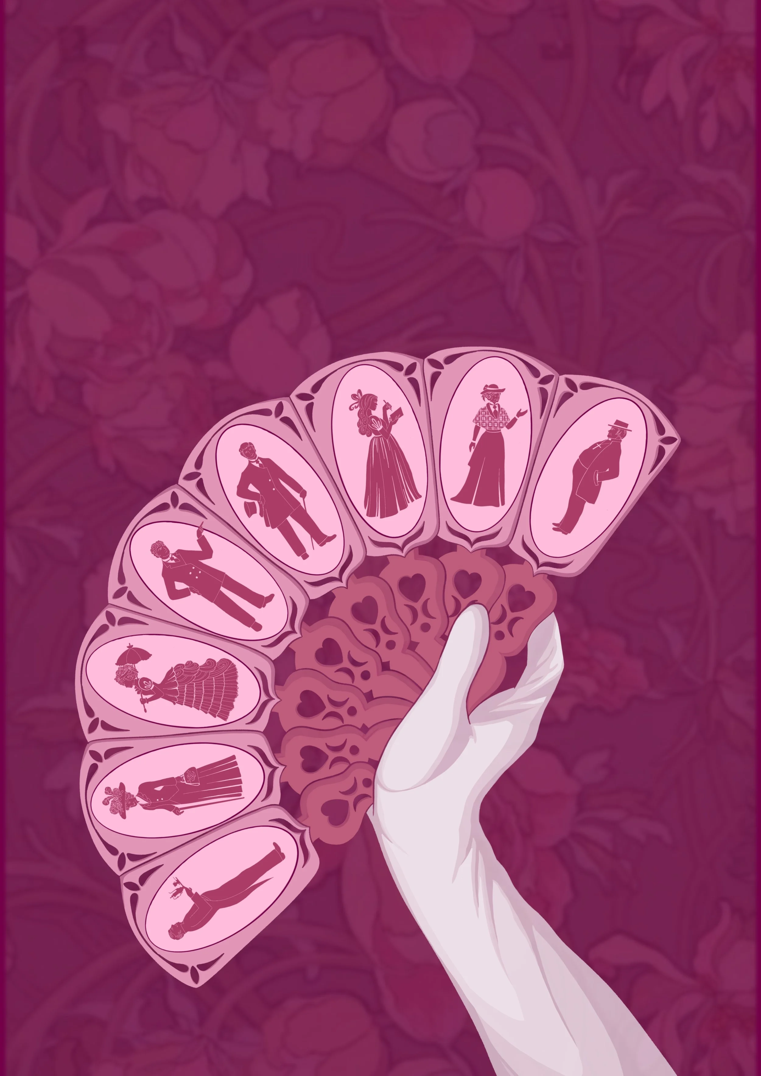 Illustration of a hand holding a fan with vintage style portraits of women and men dressed in old-fashioned clothing, set against a pink floral background.