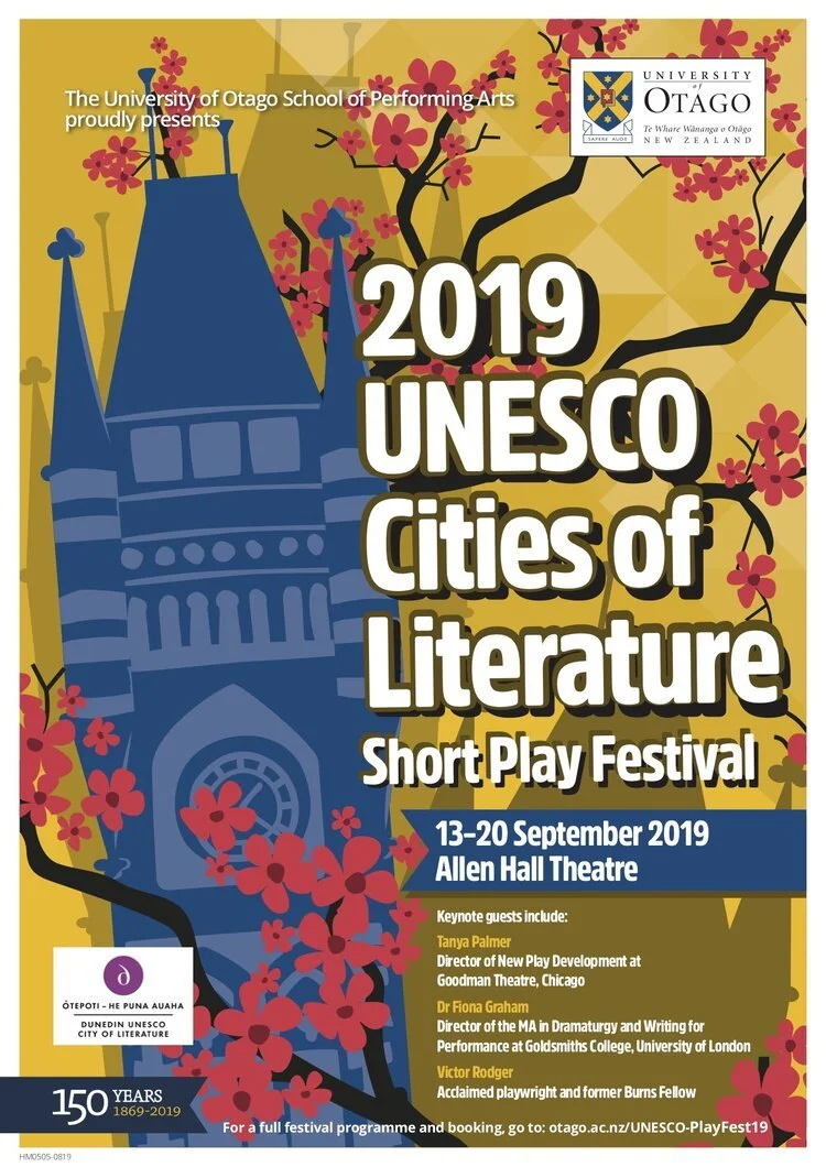 Poster for the 2019 UNESCO Cities of Literature Short Play Festival at the University of Heidelberg, including key details about event dates, location, and guest speakers, with a background illustration of cherry blossoms and a Gothic-style building.