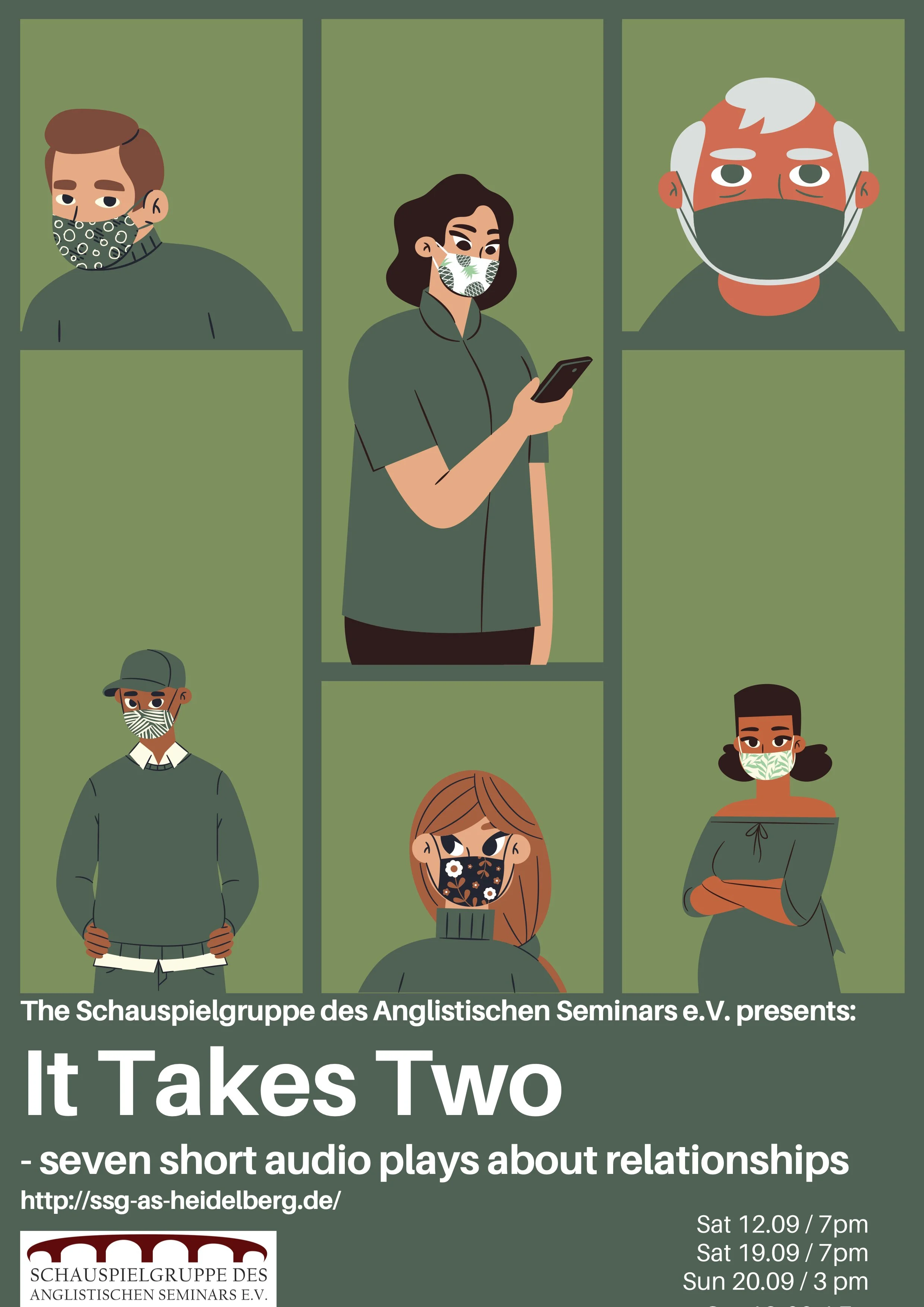 Illustration of six diverse people wearing face masks, with a woman in the center looking at her phone, promoting an event called 'It Takes Two' featuring seven short audio plays about relationships, hosted by the Schauspielgruppe des Anglistischen Seminars e.V., with event dates in September.
