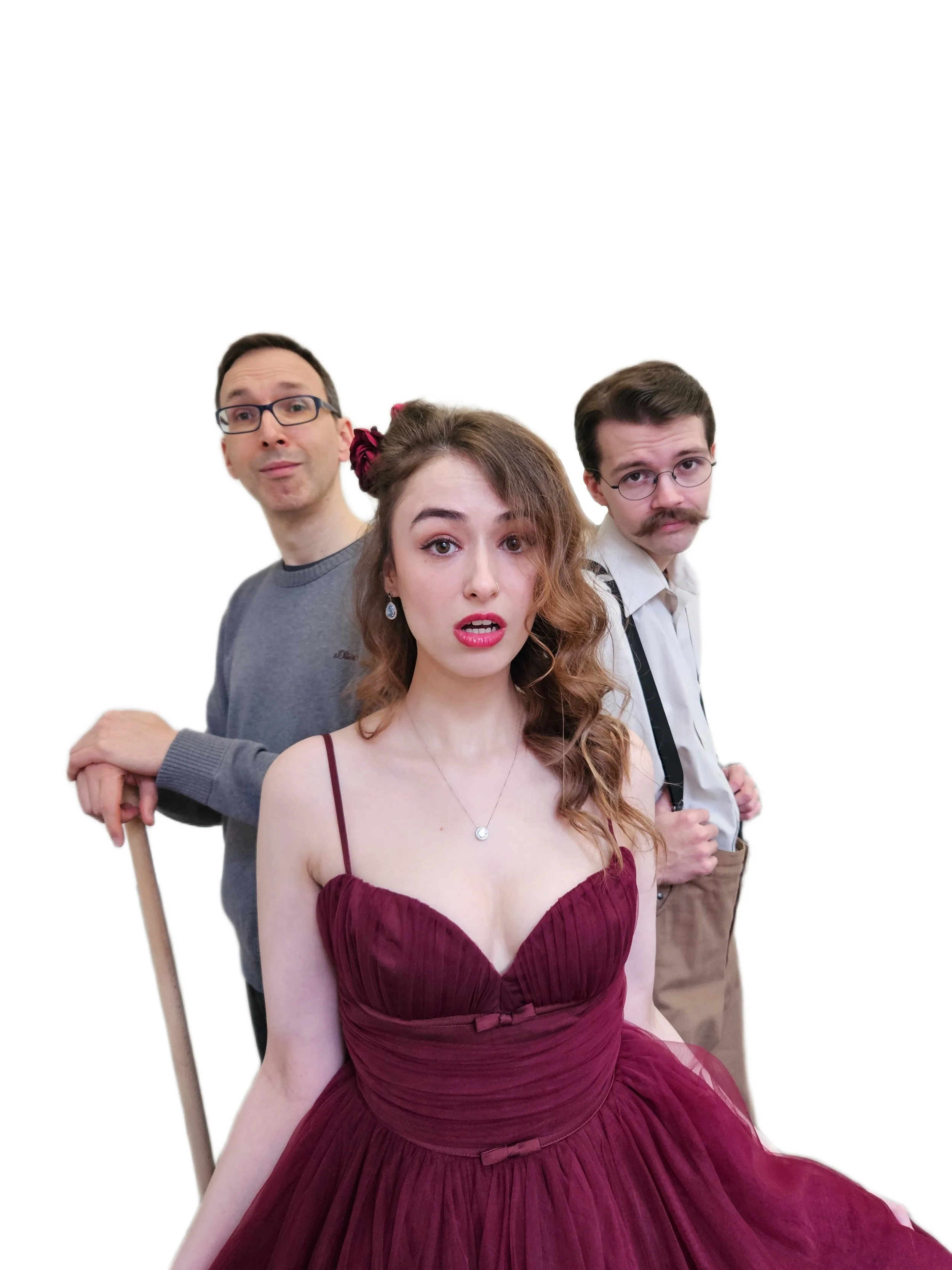 Three people, a woman in a burgundy dress in front, and two men behind her, one with glasses and a gray shirt, and the other with glasses, a mustache, and suspenders, all against a white background.