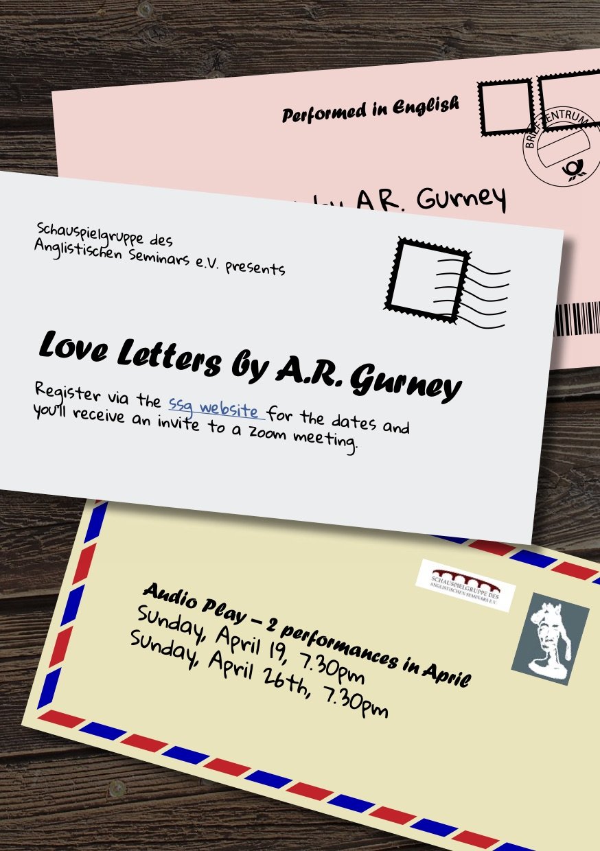 Three postcards on a wooden surface, one pink with a stamp and postmark, one blue with handwritten text about love letters, and one beige with red and blue border about performance dates for an audio play.