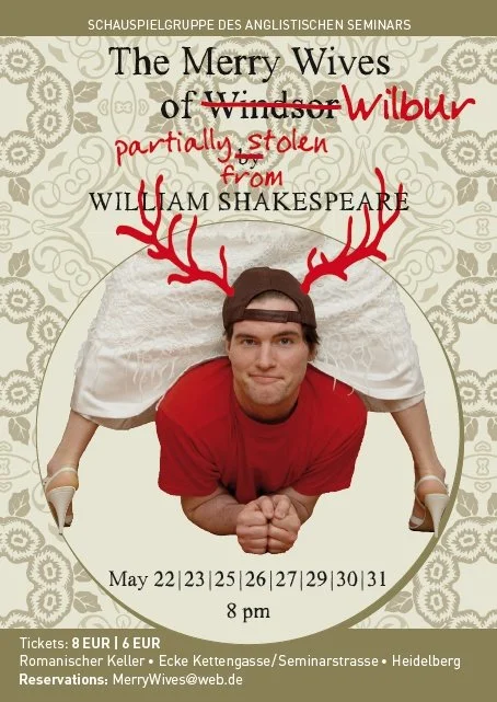 Poster for a play called "The Merry Wives of Windsor" featuring a young man with a red shirt and red antlers, with handwritten notes in red saying "partially stolen from Wilbur". Performance dates and ticket information are listed at the bottom.