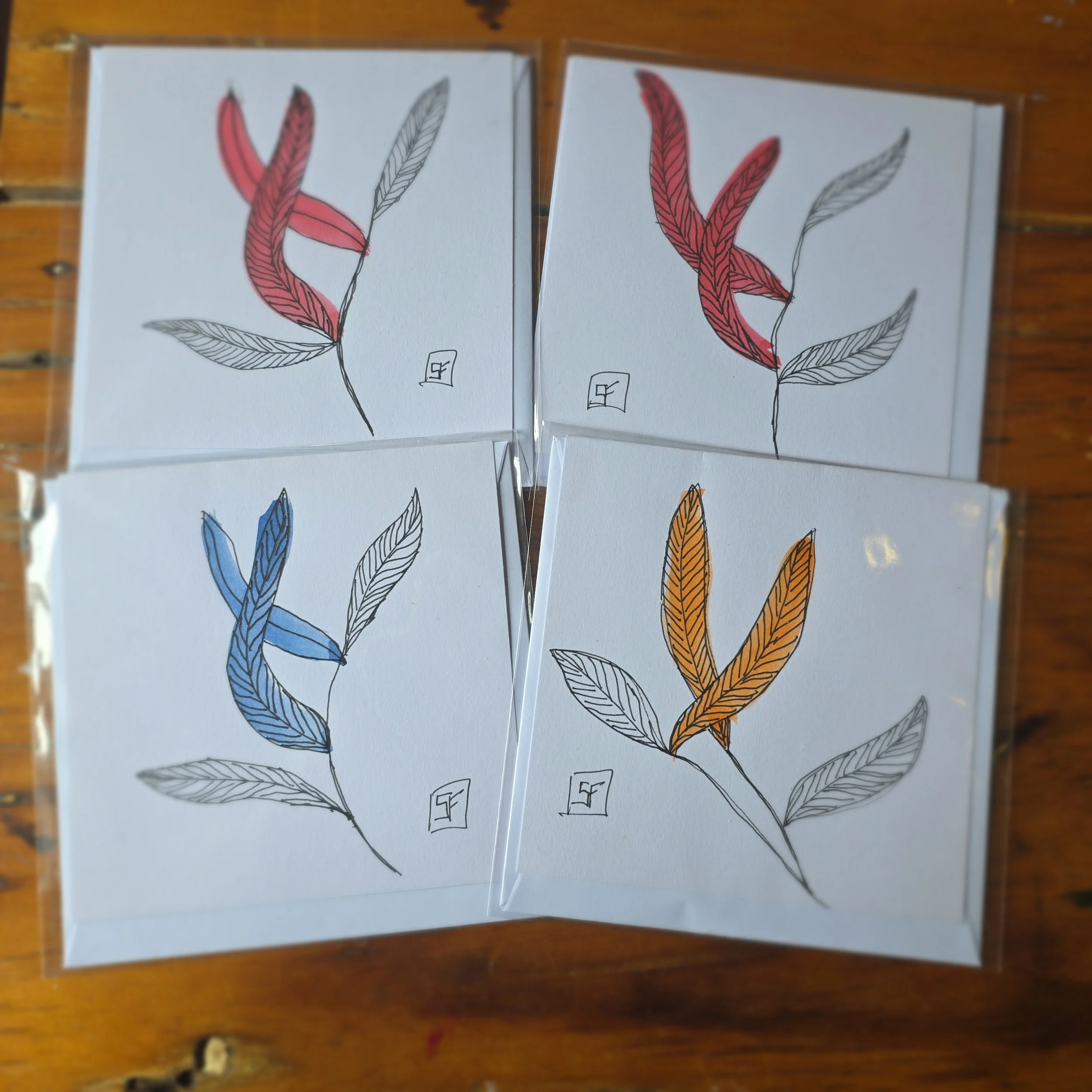Set of 4 Wash n Ink Leaf Cards