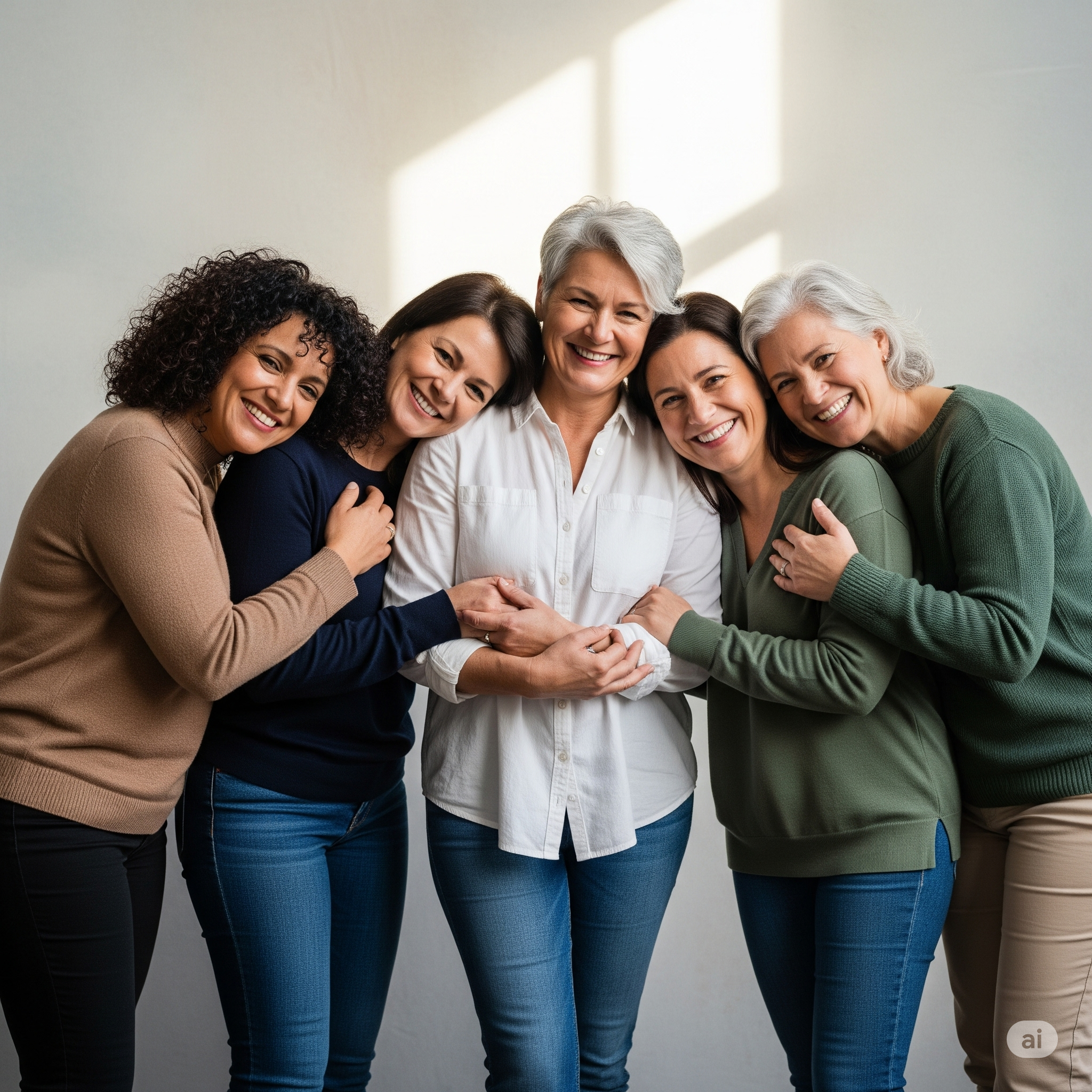 Five women of different ethnic backgrounds, all aged between 45 and 60, leaning on and supporting each other.