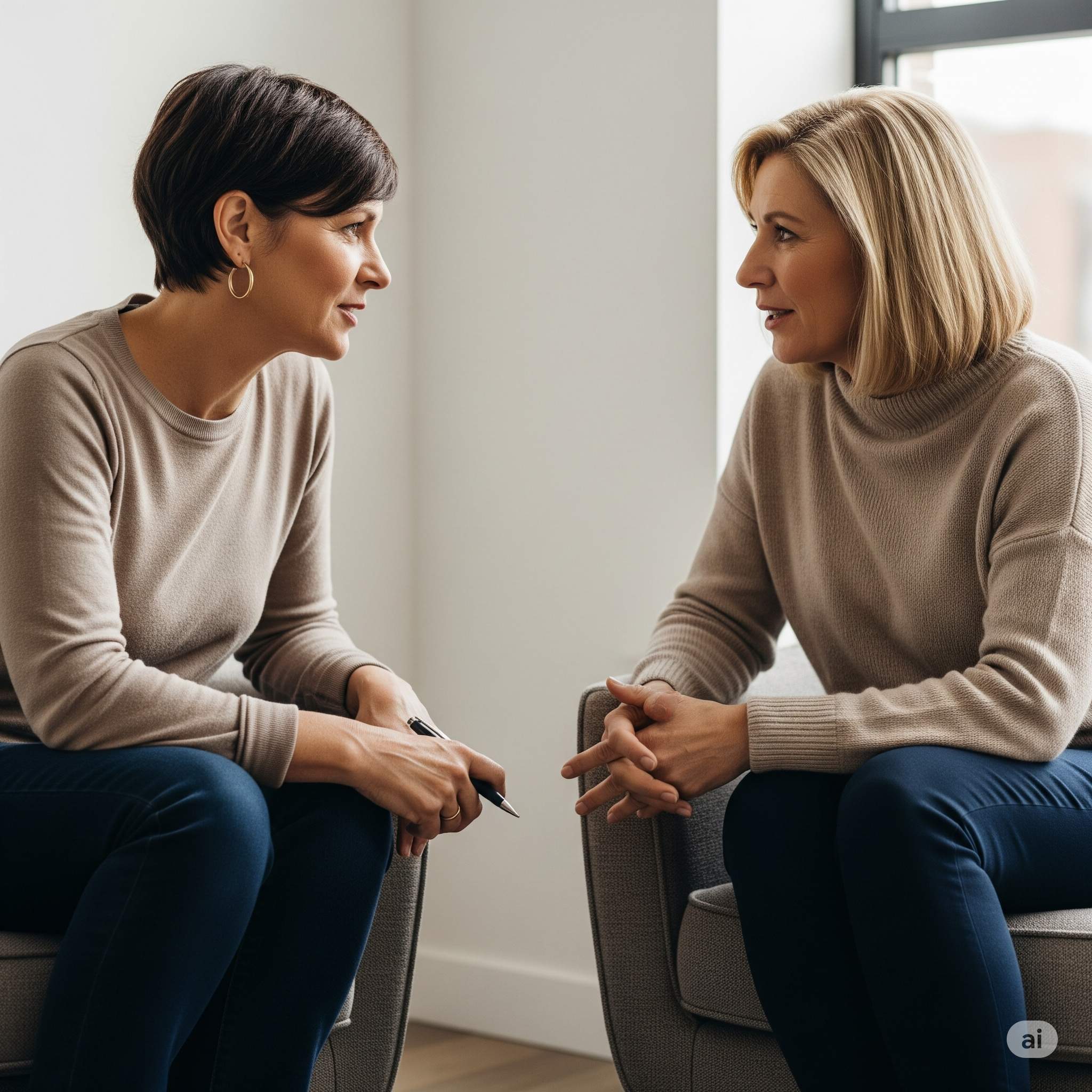 Two women having a serious conversation in a well-lit room, sitting on chairs facing each other.