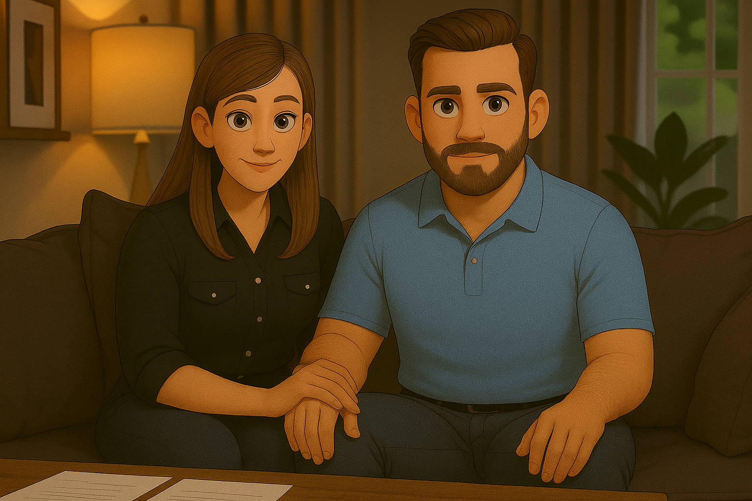 Animated illustration of a couple sitting on a sofa in a cozy living room, holding hands and smiling at the camera.