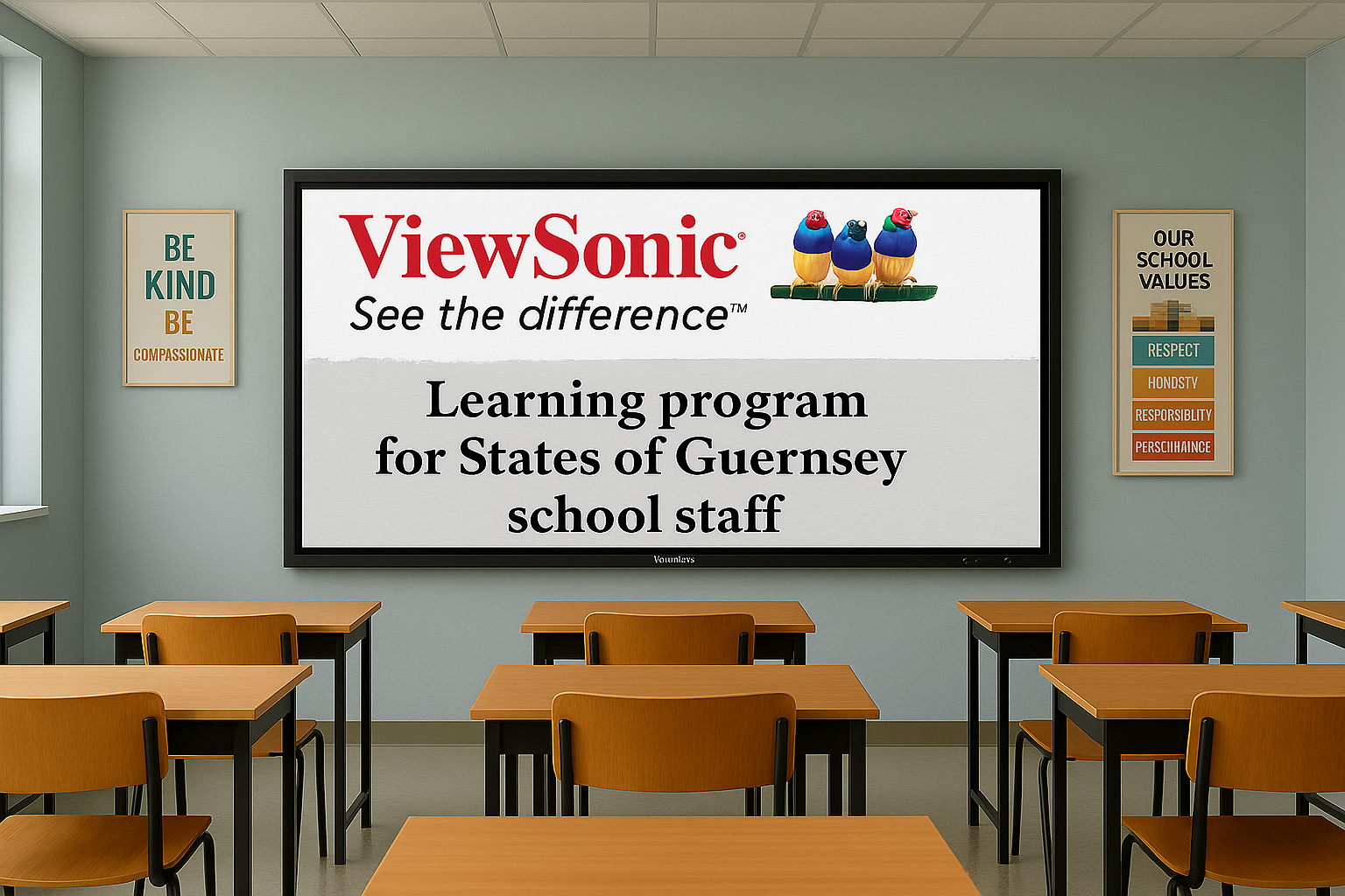 Classroom with wooden desks and chairs facing a large screen displaying a presentation for ViewSonic with the title 'Learning program for States of Guernsey school staff' and Beneath the brand logo, the slogan 'See the difference'. The classroom has two posters on the walls, one on the left reading 'Be Kind Be Compassionate' and another on the right titled 'Our School Values' listing respect, honesty, responsibility, and perseverance.