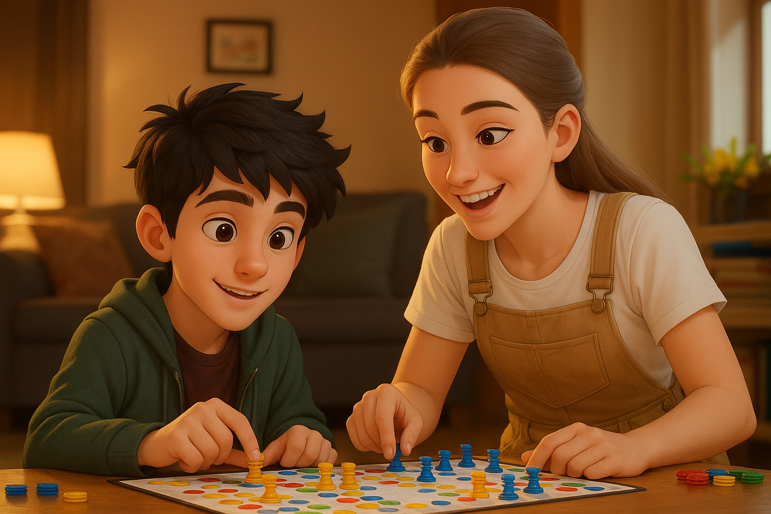 A woman and a young boy playing a colorful board game together at a table in a cozy living room.