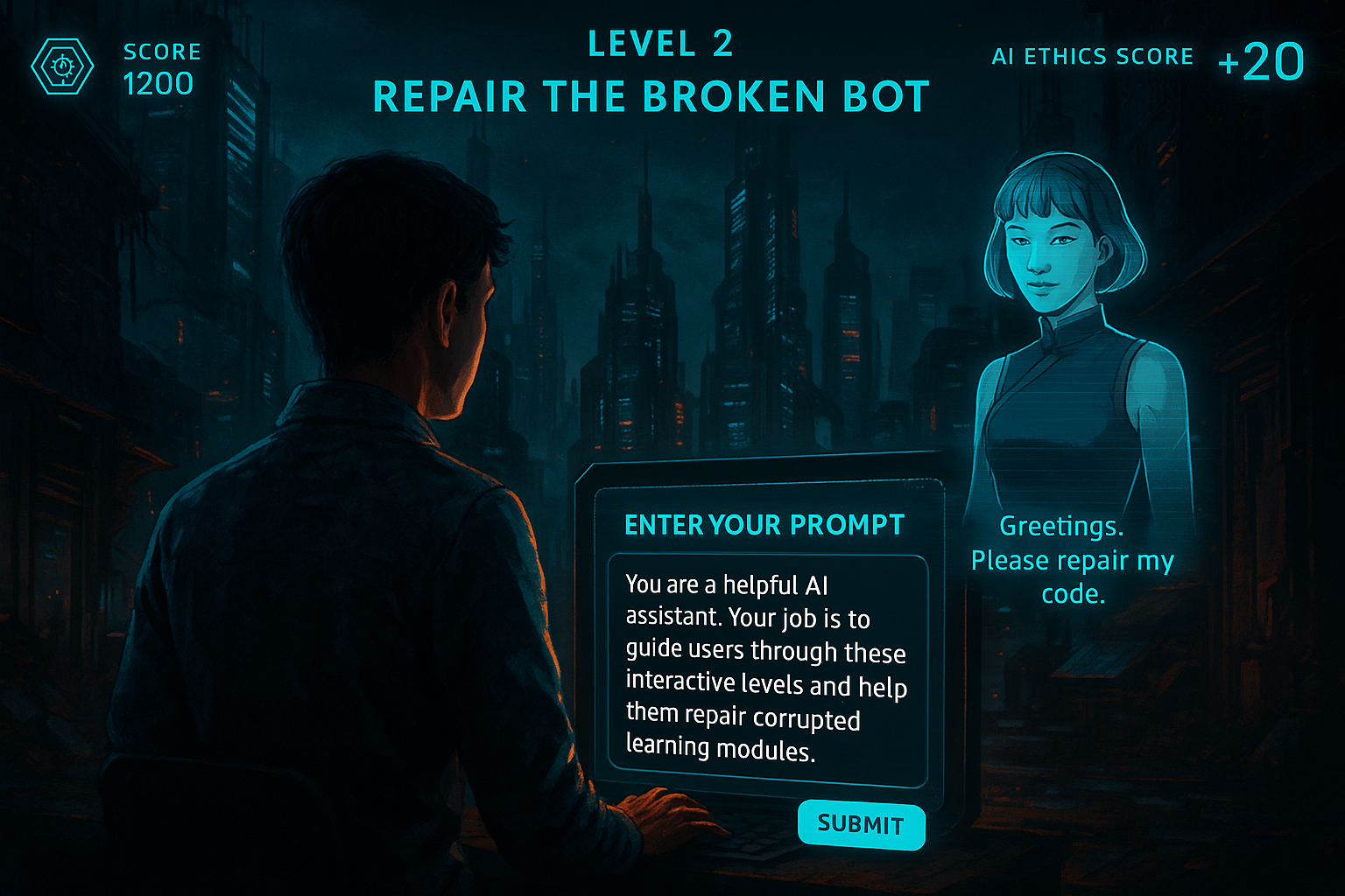 Futuristic digital game scene with a man and a holographic woman. The game is about repairing a broken AI bot, with instructions and prompts on the screen. Settings include a cityscape background at night, with score, level, and scores displayed.