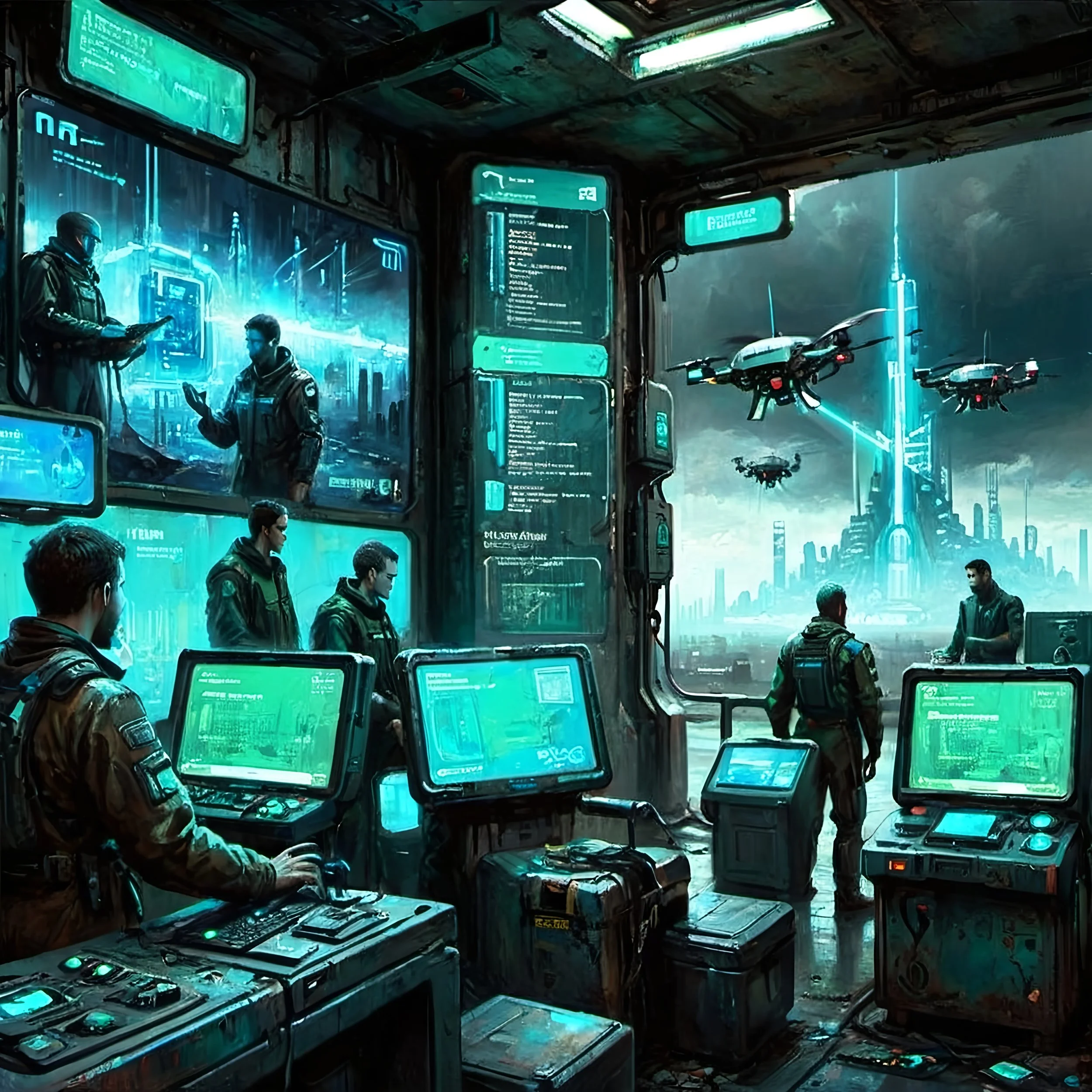 A futuristic control room with multiple computer consoles and screens, showing a group of people working and monitoring a city skyline with flying drones and a tall, illuminated skyscraper in the background.