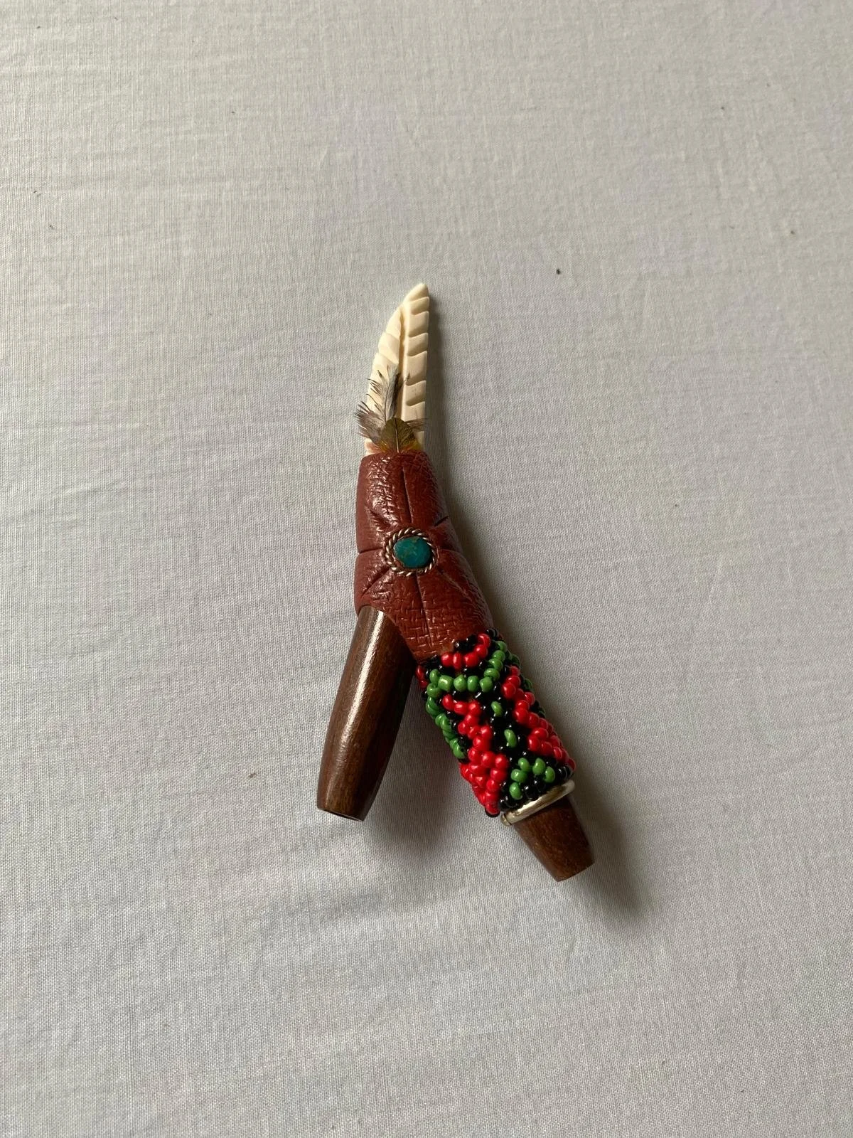 Bloodwood Shipibo Bead and Bone Point Kuripe (Red and Green)