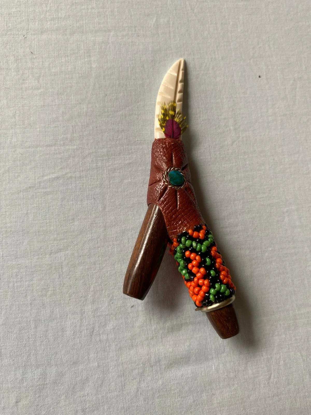 Bloodwood Shipibo Bead and Bone Point Kuripe (Orange and Green)