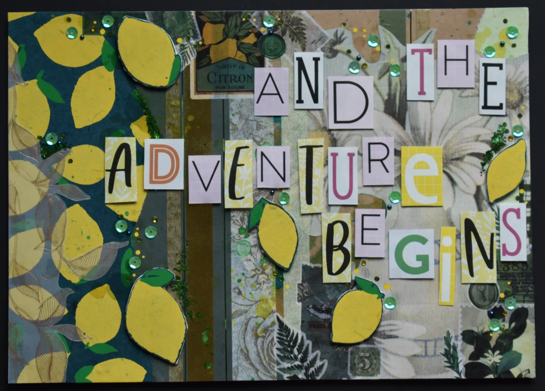 Art collage - And the adventure begins.
I found the lemon paper soooo beautiful. It's handmade from Nepal I think. It was the start for this piece.