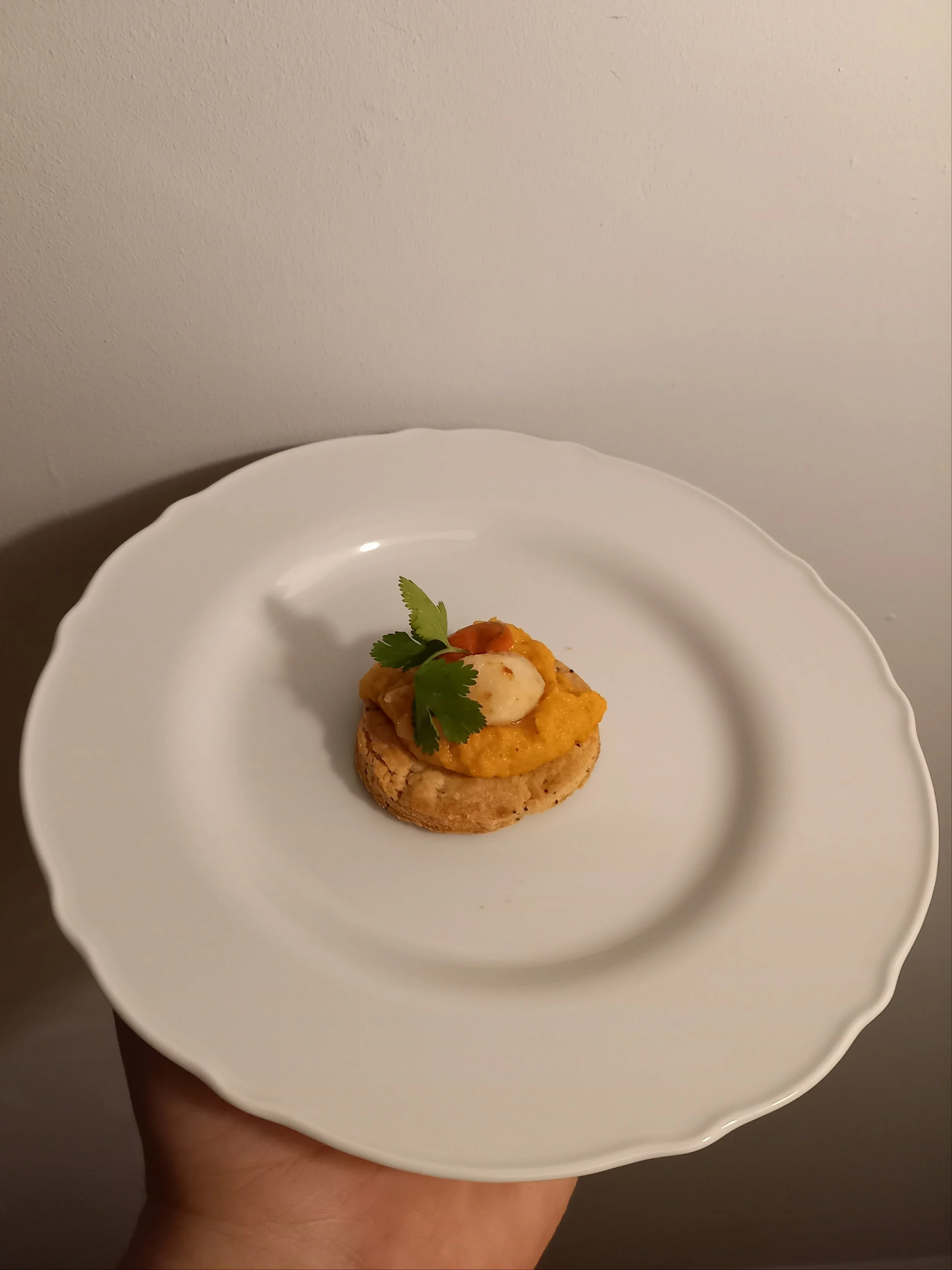 Une petite portion de nourriture sur une assiette blanche avec bord ondulé, garnie de coriandre, présenté dans un contexte intérieur.