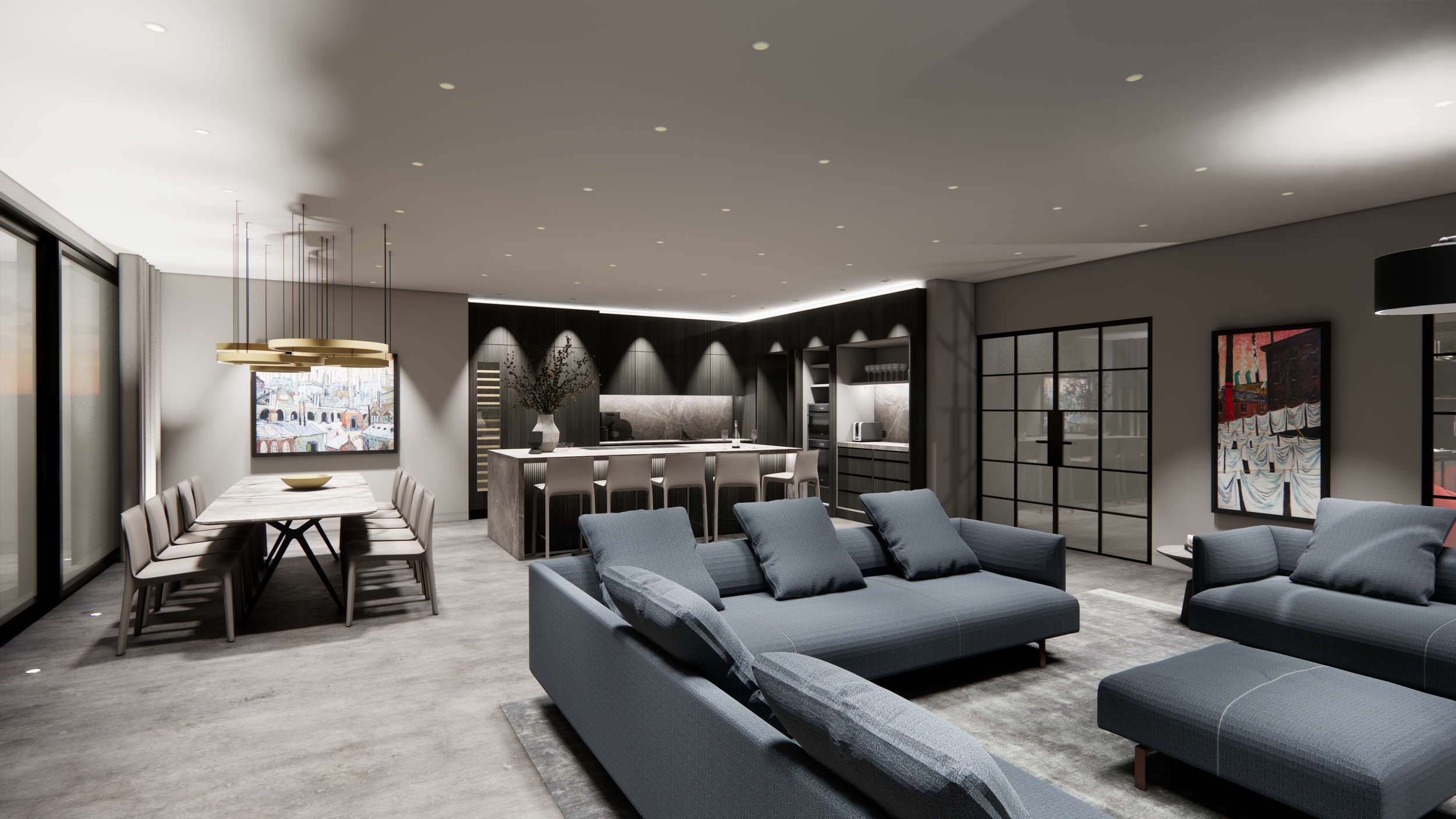 Modern living room with blue sofas, dining table with chairs, kitchen area with bar stools, artwork on walls, and large windows.