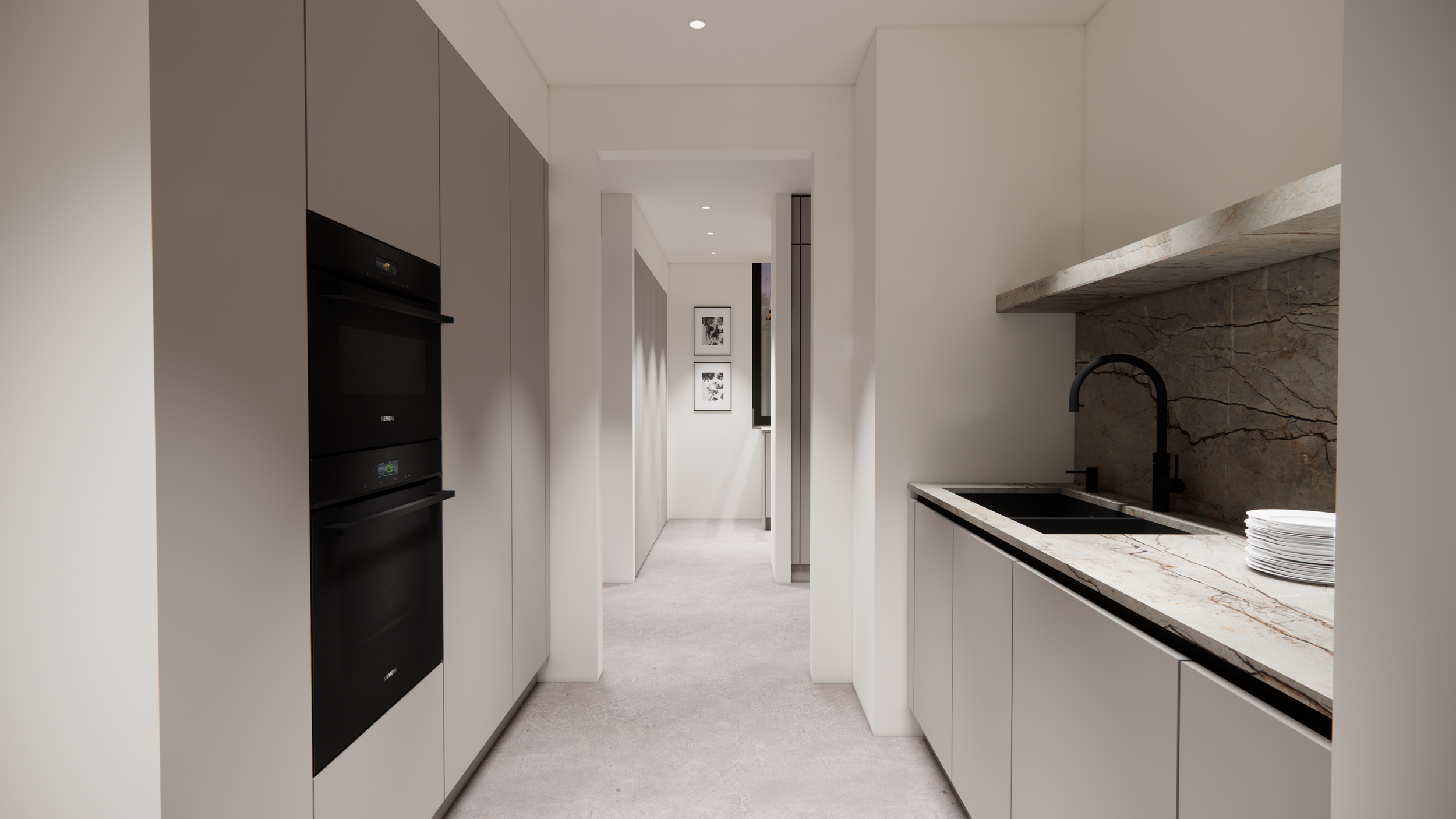 Modern kitchen with minimalist design, marble countertop, black faucet, and stacked plates, viewed from within a narrow corridor.