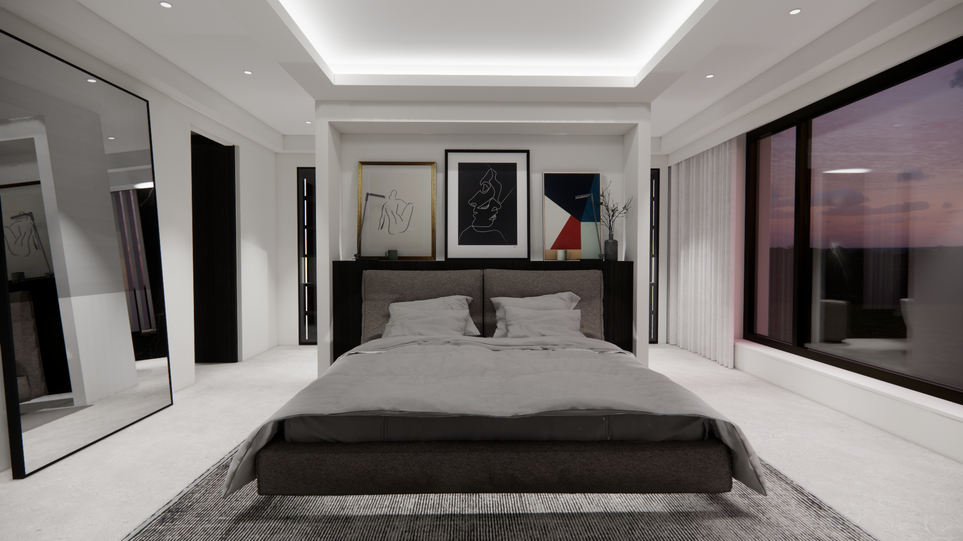 Modern bedroom with a bed, abstract artwork above, large window with curtains, and mirror on the left wall.