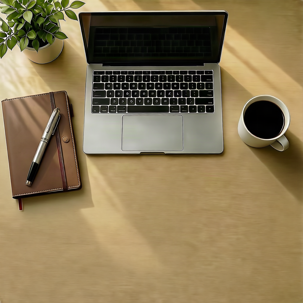 A workspace with a laptop, a notebook with a pen, a cup of coffee, and a potted plant on a wooden desk.