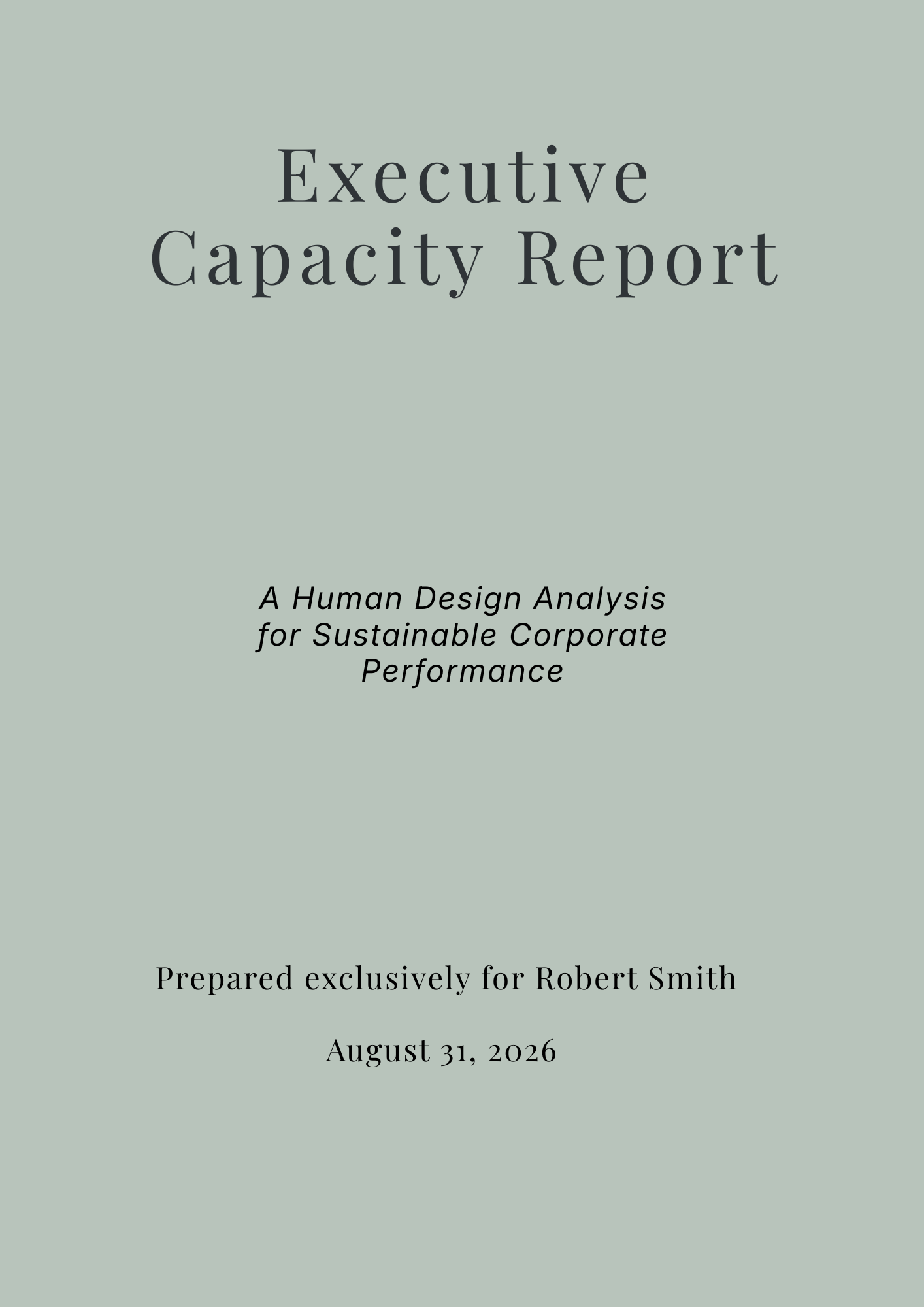 Cover page of an executive capacity report with a subtitle about sustainable corporate performance. The report is prepared exclusively for Robert Smith and dated August 31, 2026.