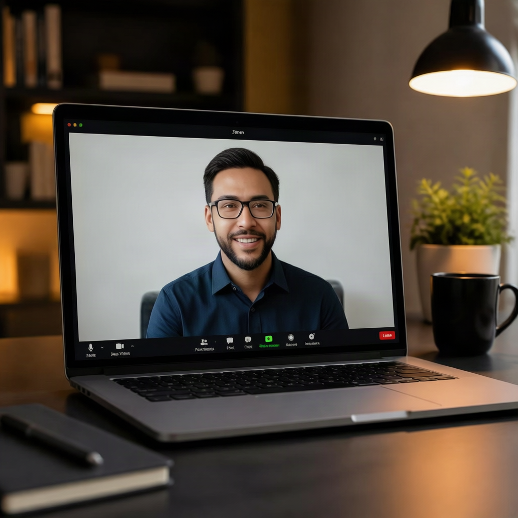 A man on a video call displayed on a laptop screen, sitting in a home office.