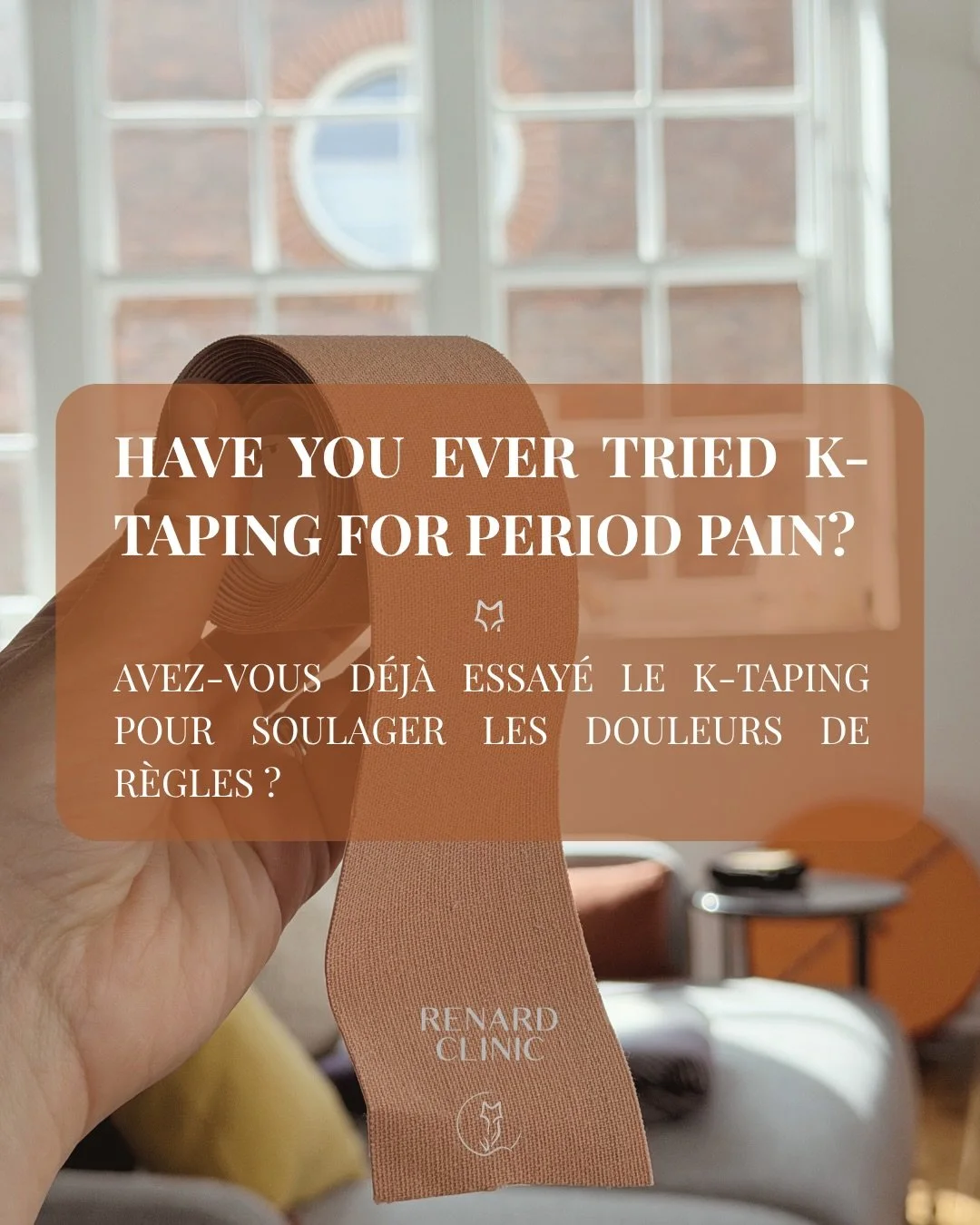 Have you ever tried K-taping for period pain? 👀
Avez-vous d&eacute;j&agrave; essay&eacute; le K-taping pour soulager les douleurs de r&egrave;gles ?

K-tape can help reduce lower abdominal pain by improving circulation and supporting the tissues.

L