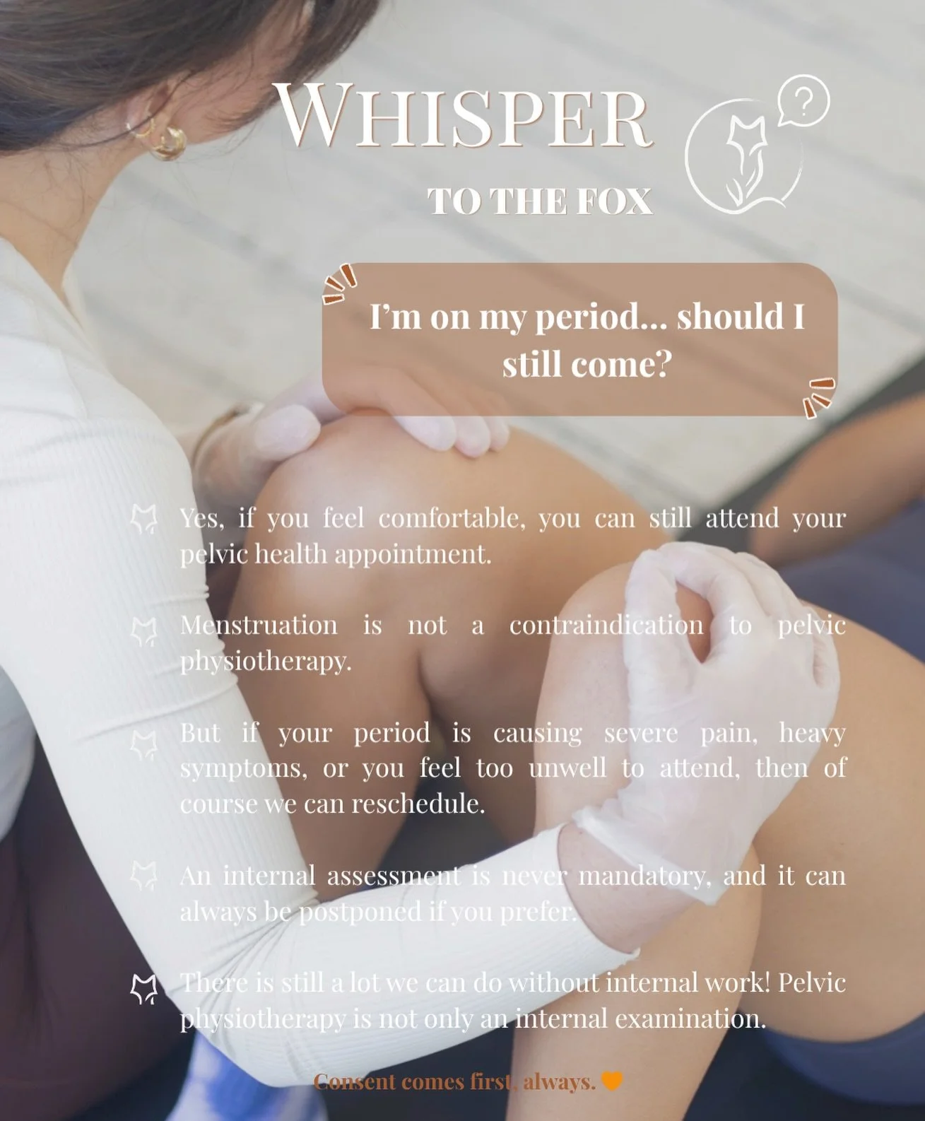 Can you attend pelvic physio while on your period? 🩸

Yes, if you feel comfortable, you can.

Menstruation is not a contraindication to pelvic physiotherapy, and being on your period does not automatically mean the session has to be cancelled.

Howe