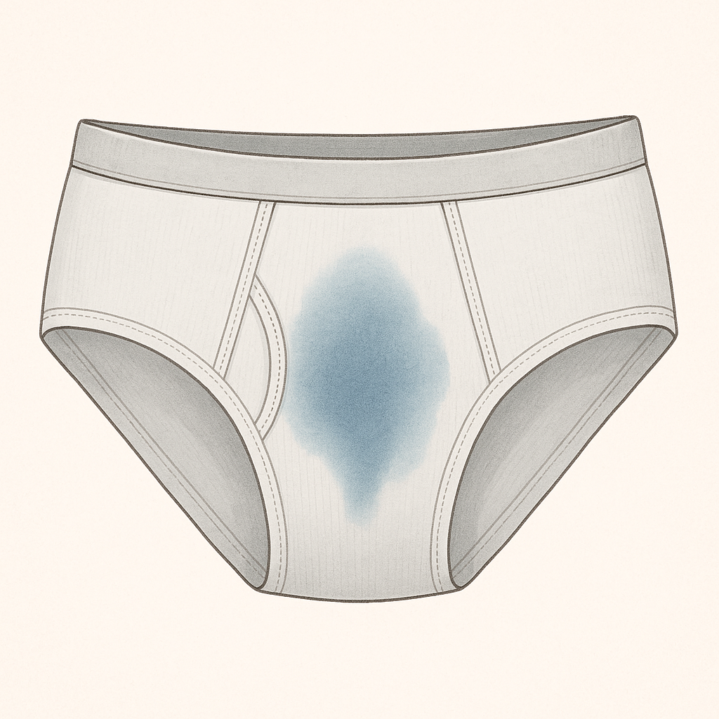 A pair of white men's underwear with a urinary leak on the front center.