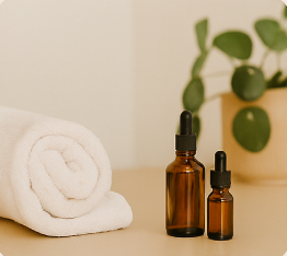 White rolled towel and two amber glass dropper bottles on a beige surface, with a green leafy plant in the background.