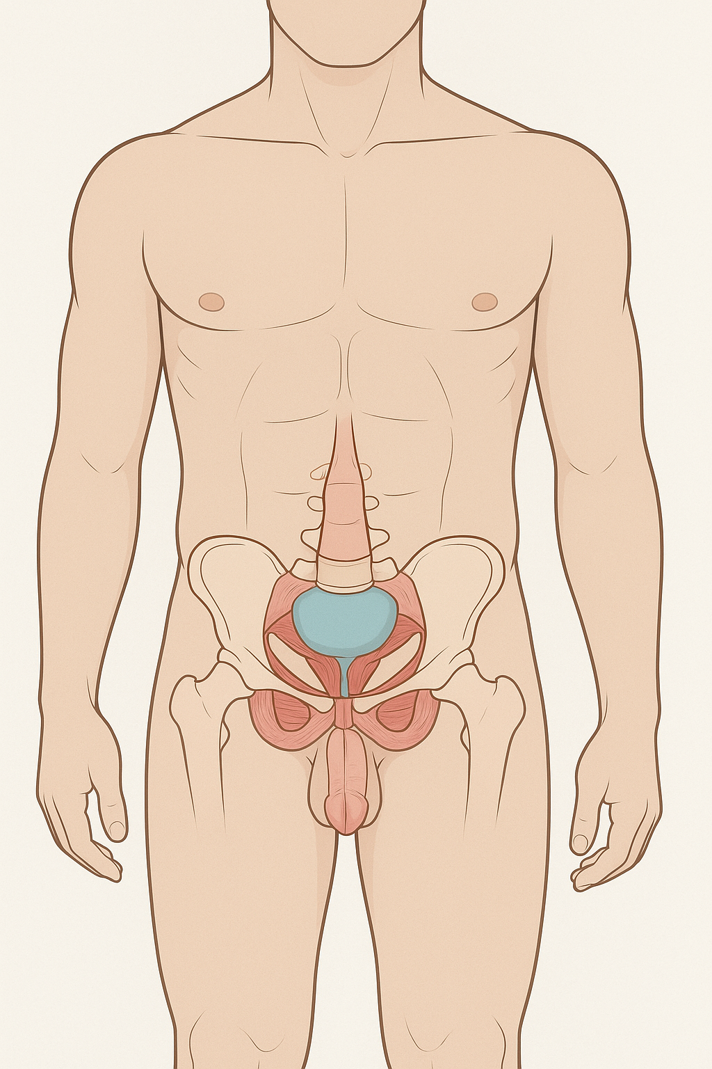 A detailed anatomical illustration of the male reproductive and urinary systems, showing the bladder, prostate, penis, and surrounding muscles.
