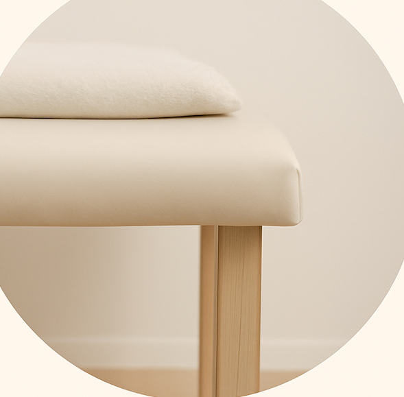 Close-up of a modern white chair with a wooden leg, with a white cushion on top