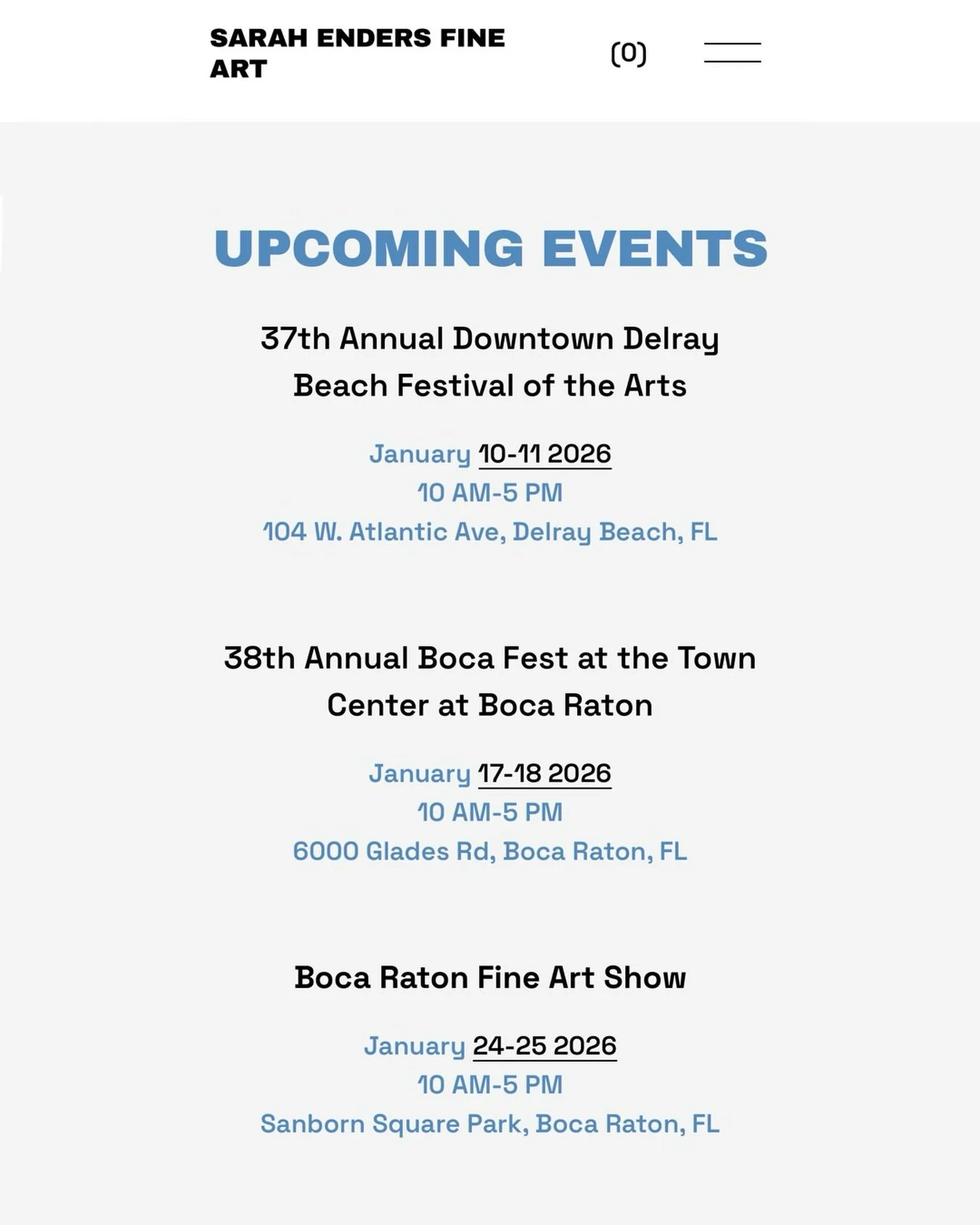 South Florida- here is my schedule for remainder of January! After these three shows I&rsquo;ll be headed back up to Georgia for the year. 

#floridaartist #delraybeachevents #bocaratonevents