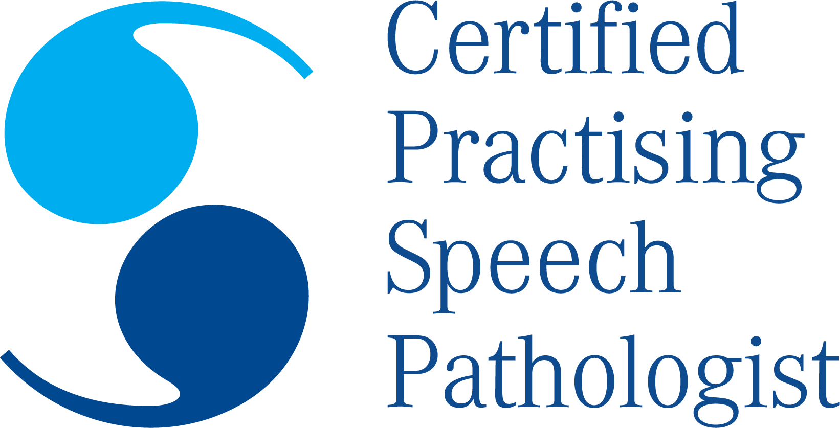 Logo for Certified Practising Speech Pathologist featuring two interconnected circles, one light blue and one dark blue, with the text to the right.