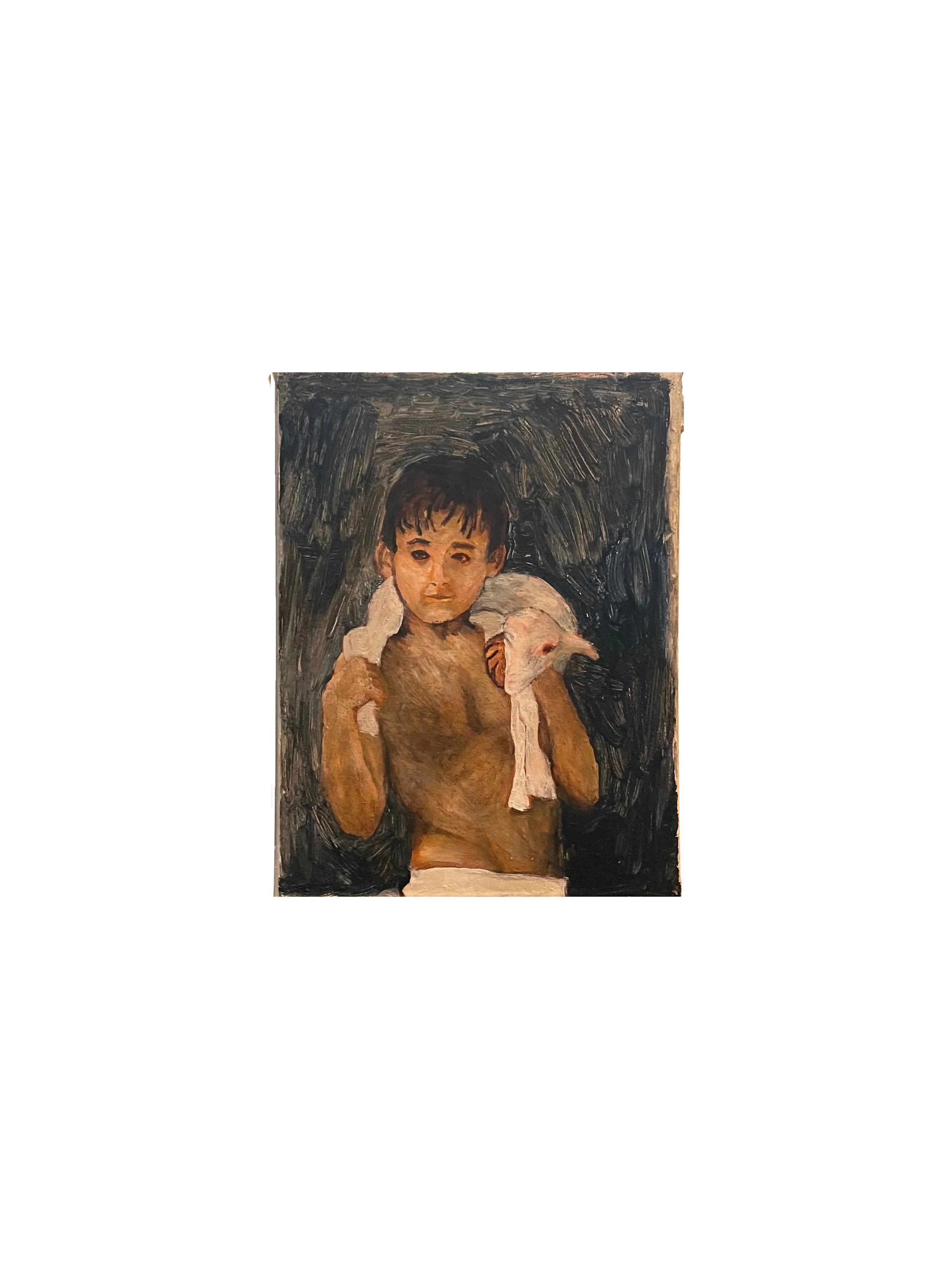 Boy with Lamb, 2023, oil on canvas - 24 x 18 cm