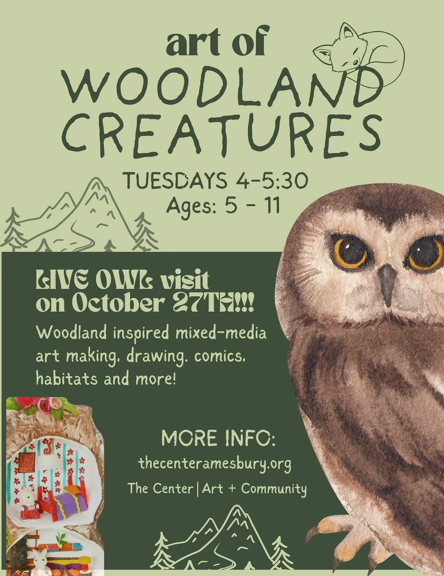 🌲Knock Knock&hellip; Hoot&rsquo;s There?🦉
An after-school art adventure is coming to @artatthecenter this fall, starting next week!

👉 8-week session
👉 Tuesdays, 4:00&ndash;5:30 PM
👉 For elementary artists
👉Draw from observation of a live owl!
