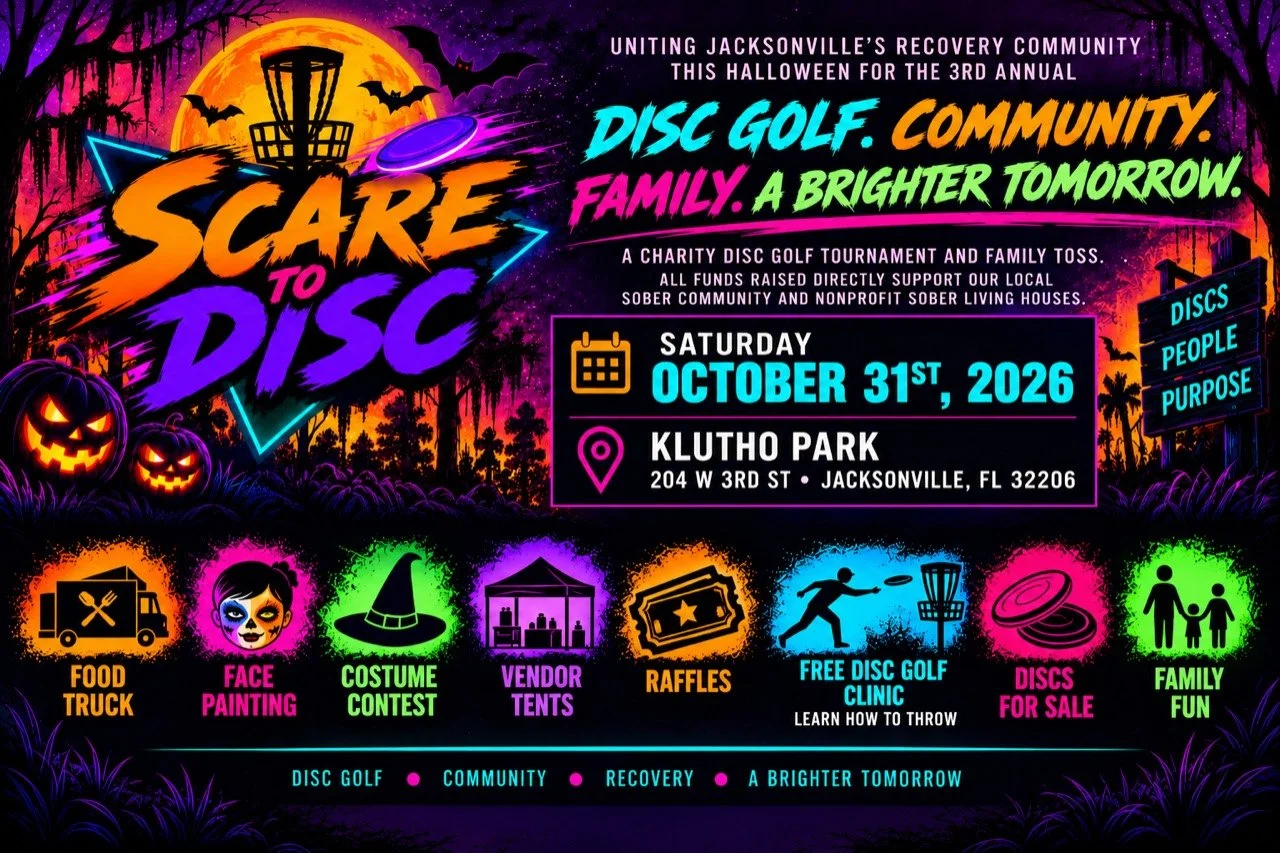 Scare to Disc, October 31, 2026 at Klutho Park in Jacksonville: food truck, face painting, costume contest, vendor tents, raffles, free disc golf clinic, discs for sale, and family fun.