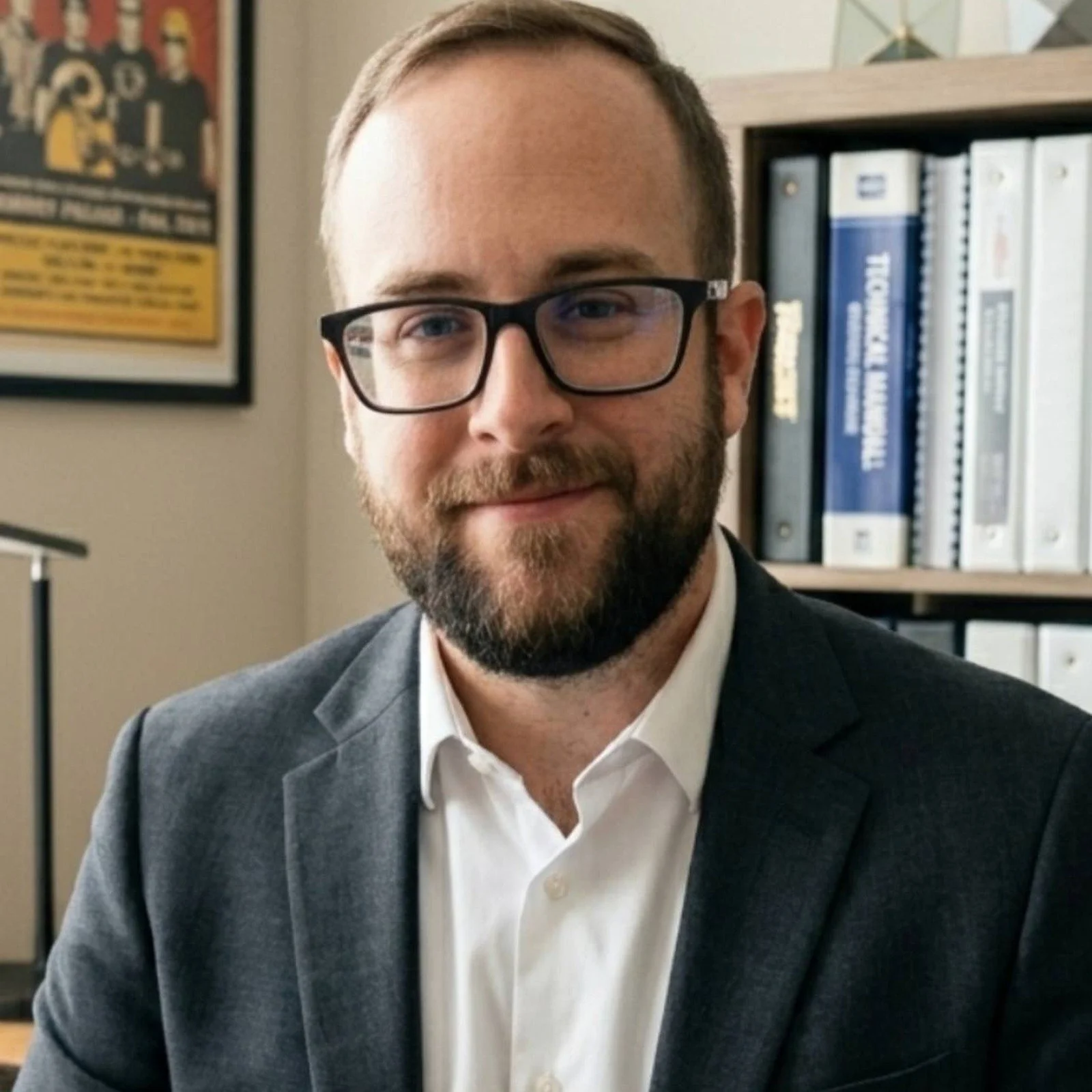 Portrait of Adam Johnson wearing glasses and a suit jacket in an office setting.
