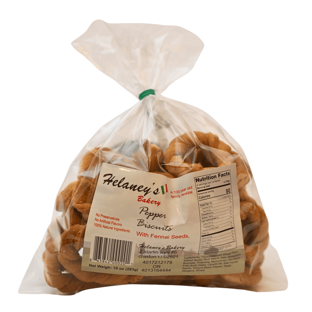Bag of Helaney's Bakery Italian pepper biscuits with fennel seeds
