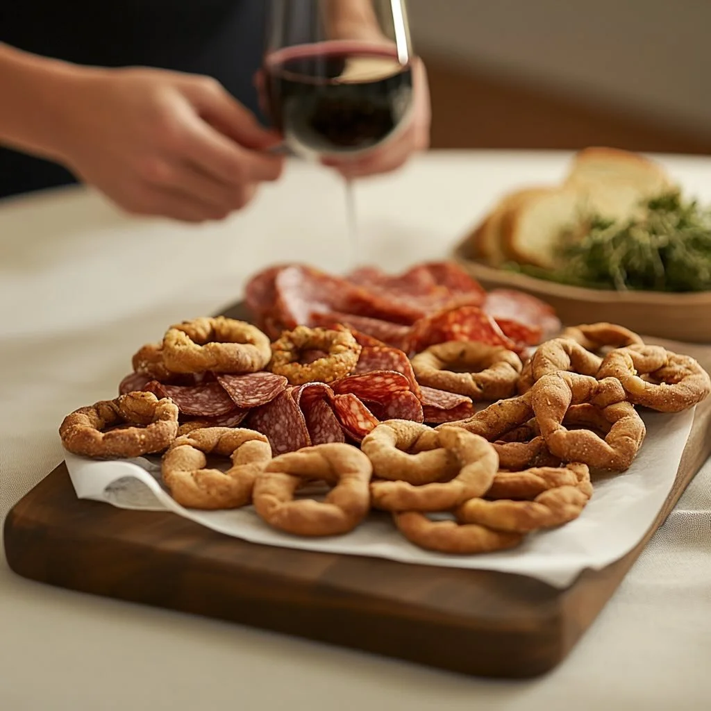 Charcuterie board with assorted meats and Helaney's Italian biscuits